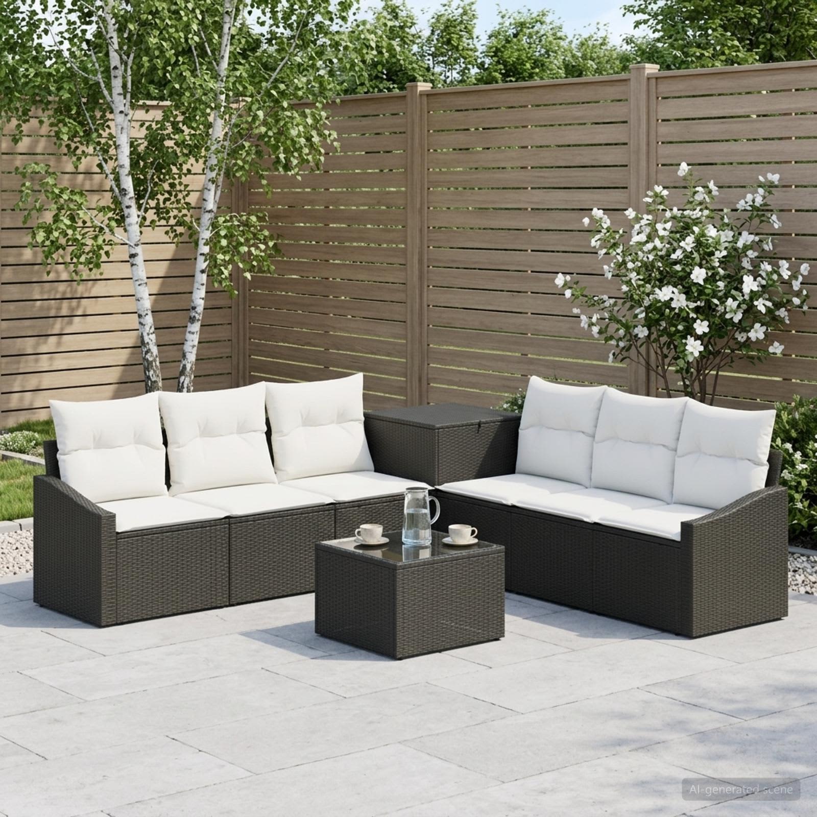 Sofa Set 8 stk. Schwarz und Cremeweiß Polyrattan und Stahl