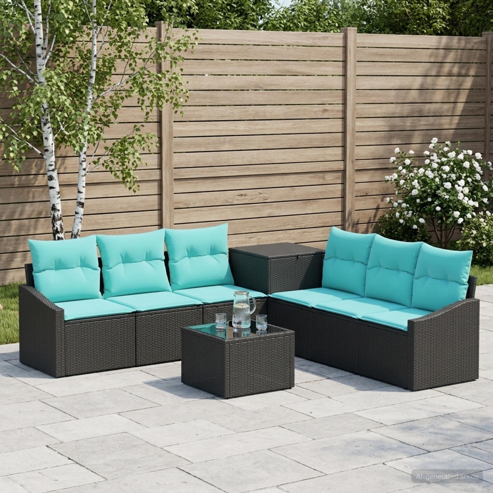 Sofa Set 8 stk. Schwarz und Blau Polyrattan und Stahl