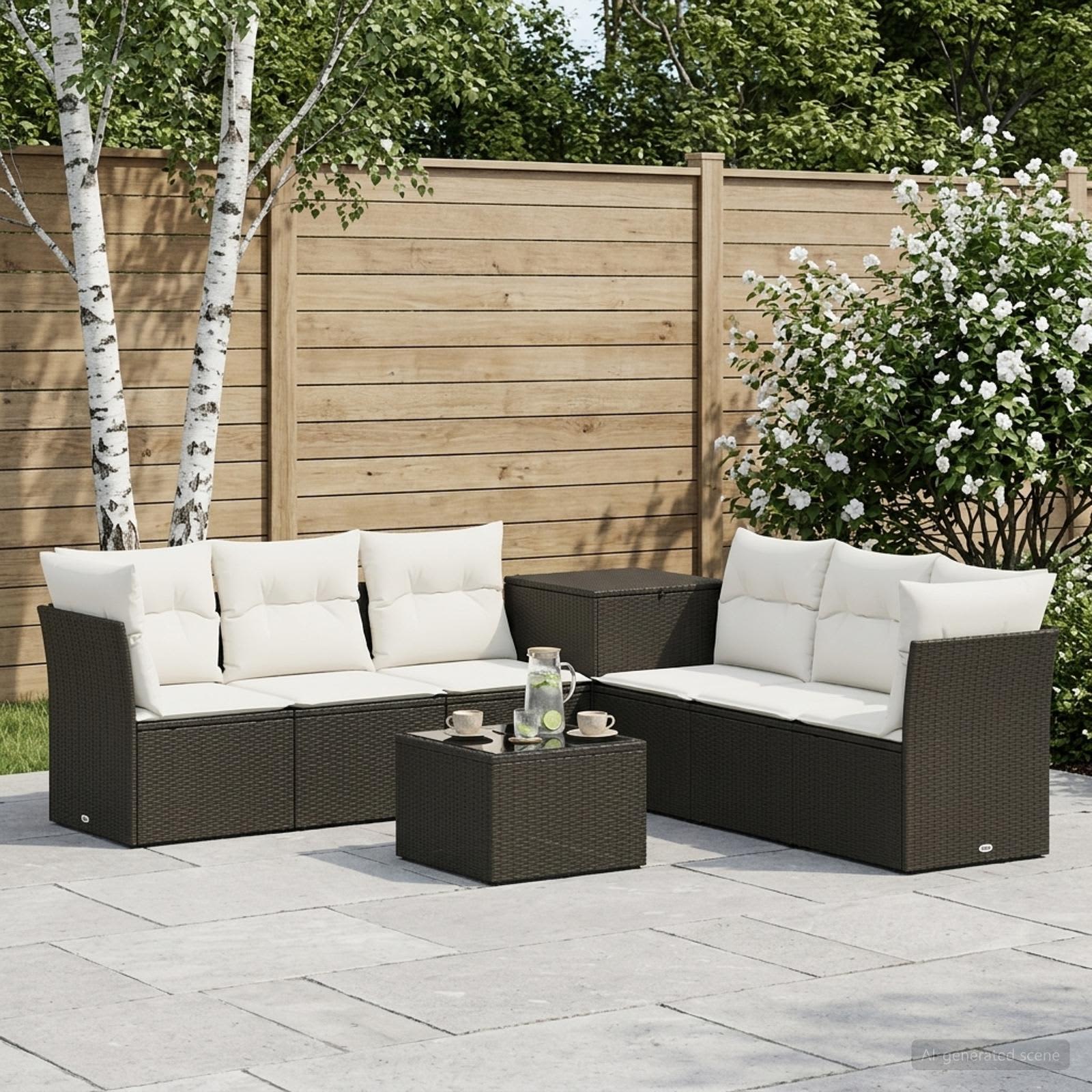 Sofa Set 8 stk. Schwarz und Cremeweiß Polyrattan und Stahl