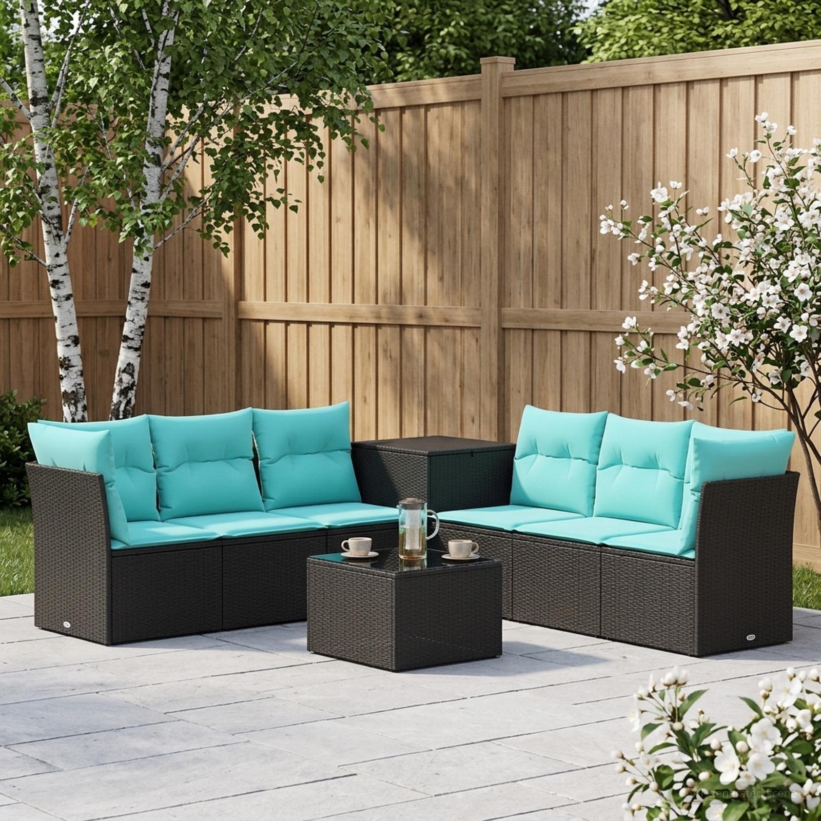 Sofa Set 8 stk. Schwarz und Blau Polyrattan und Stahl