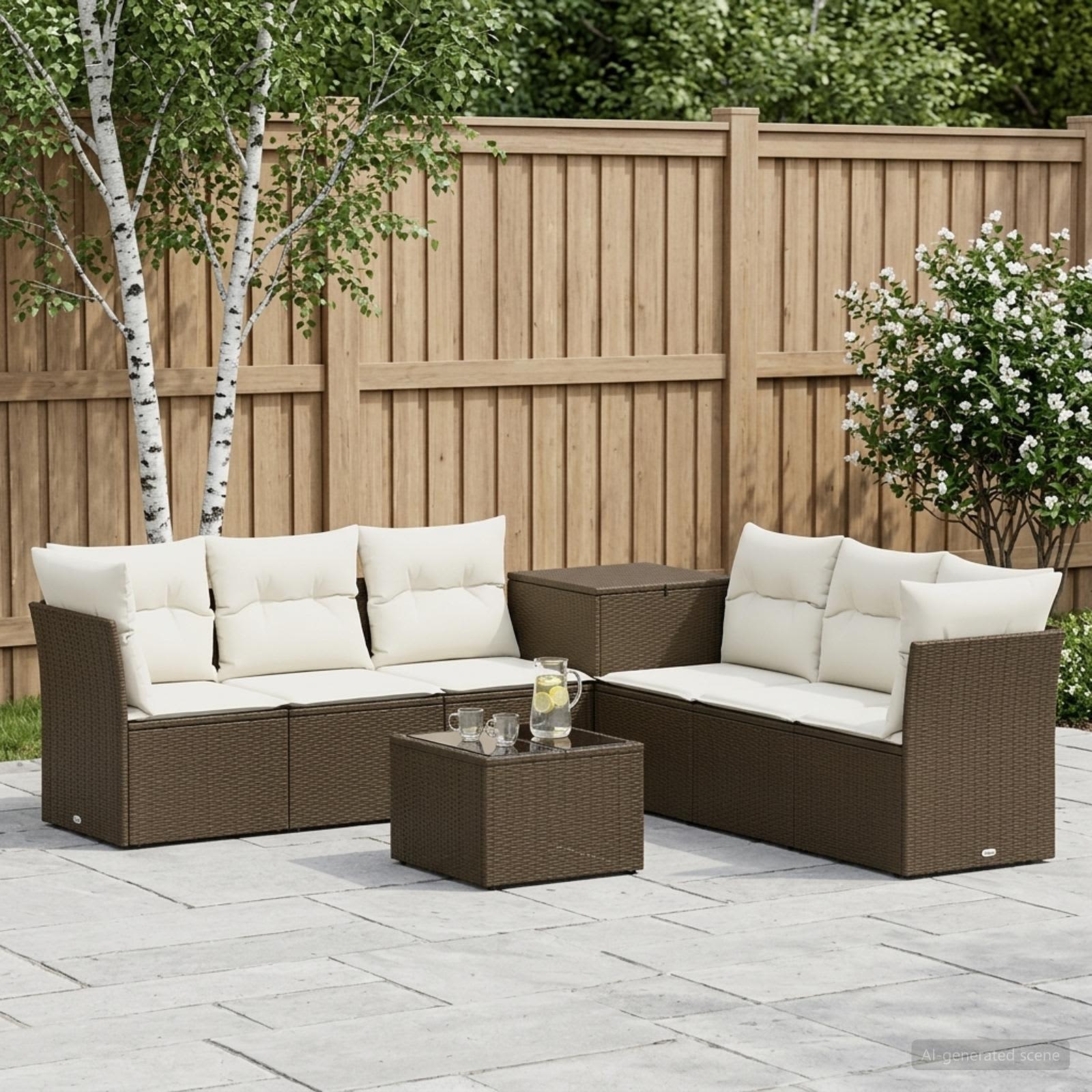 Sofa Set 8 stk. Braun und Creme Weiß Polyrattan und Stahl