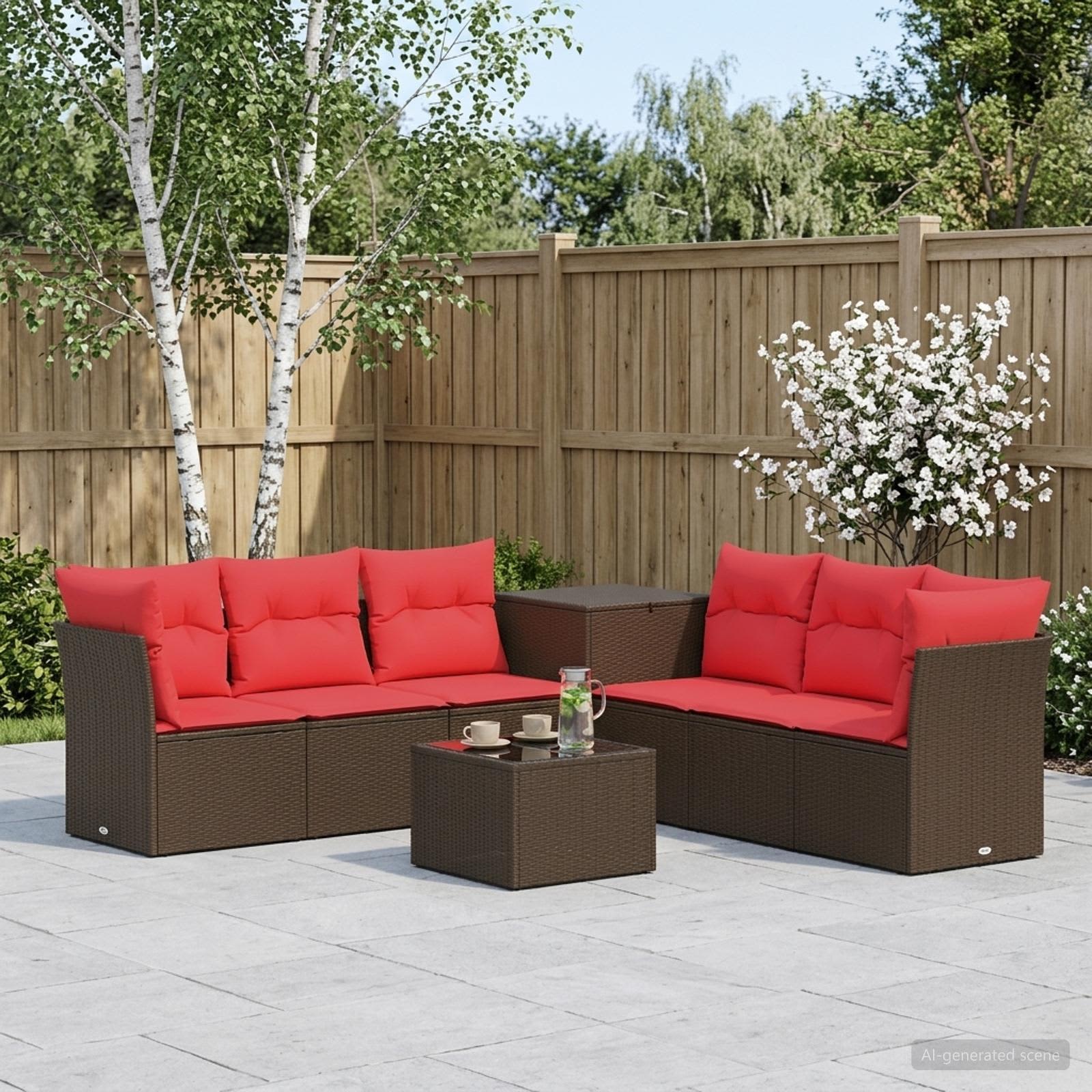 Sofa Set 8 stk. Braun und Rot Polyrattan und Stahl