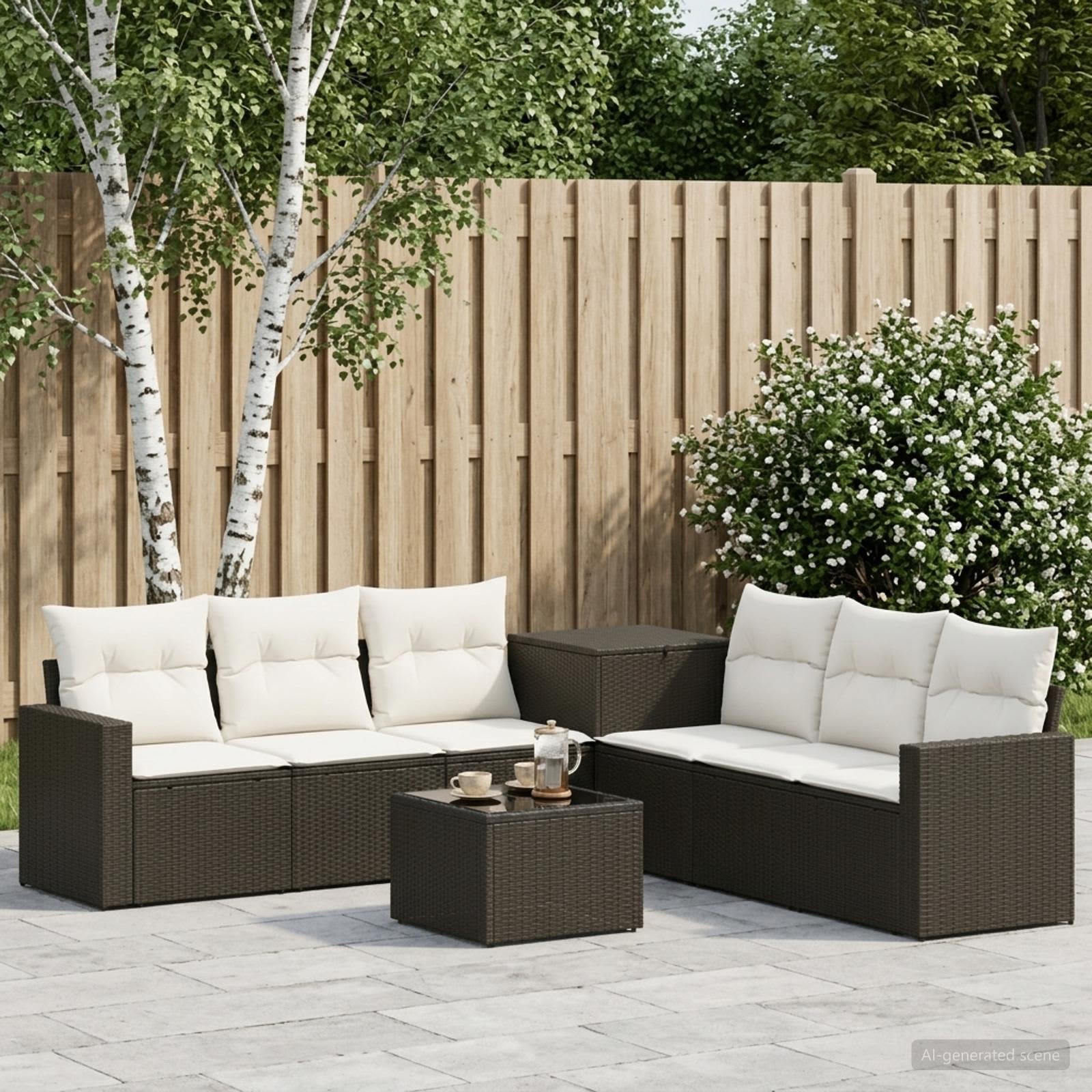 Sofa Set 8 stk. Schwarz und Cremeweiß Polyrattan und Stahl