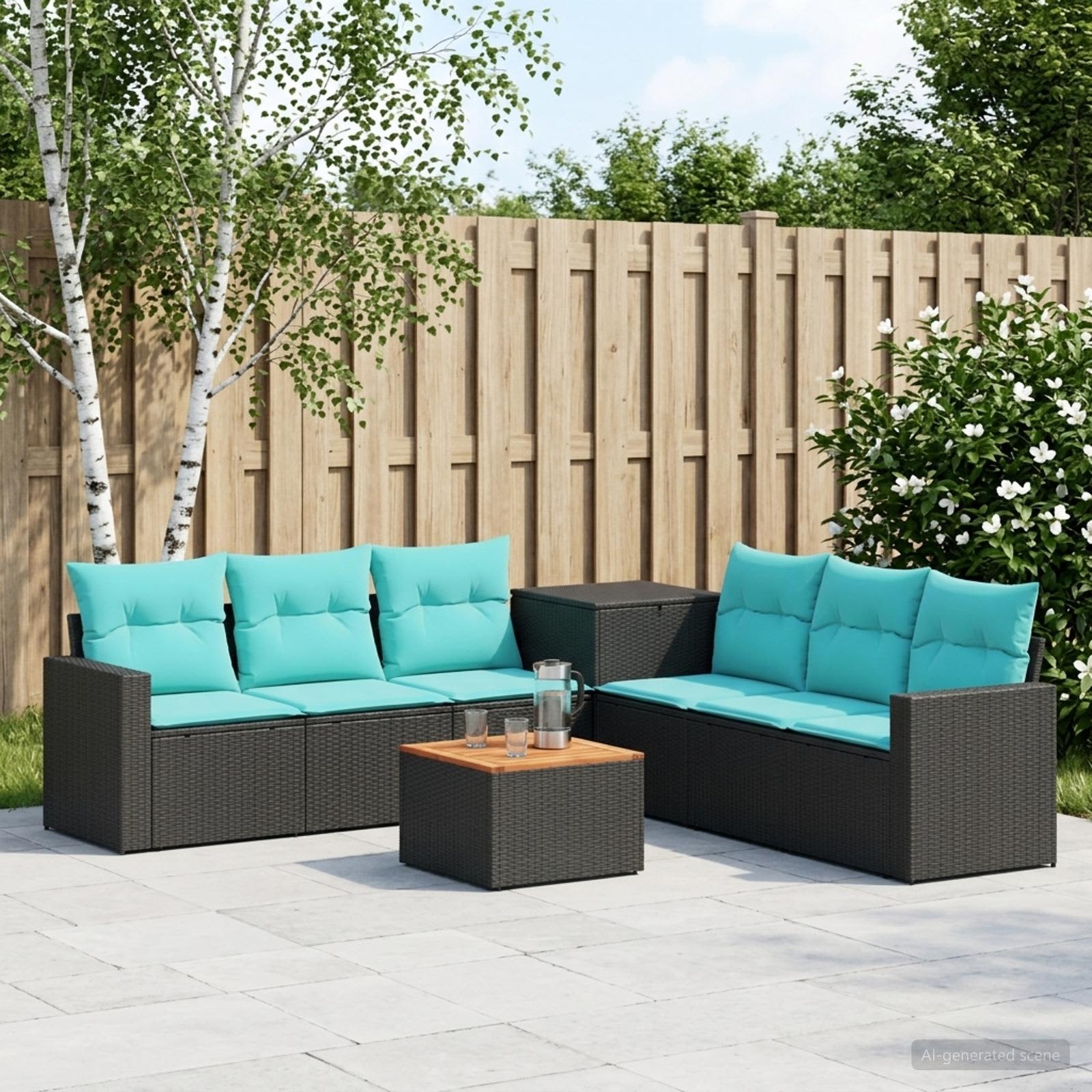 Sofa Set 8 stk. Schwarz und Blau Polyrattan und Stahl