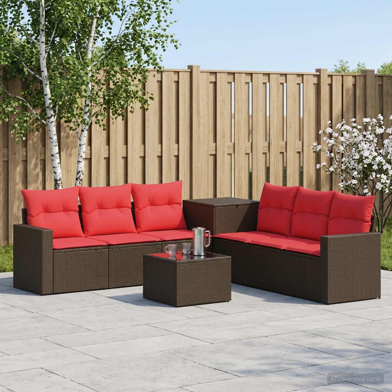 Sofa Set 8 stk. Braun und Rot Polyrattan und Stahl