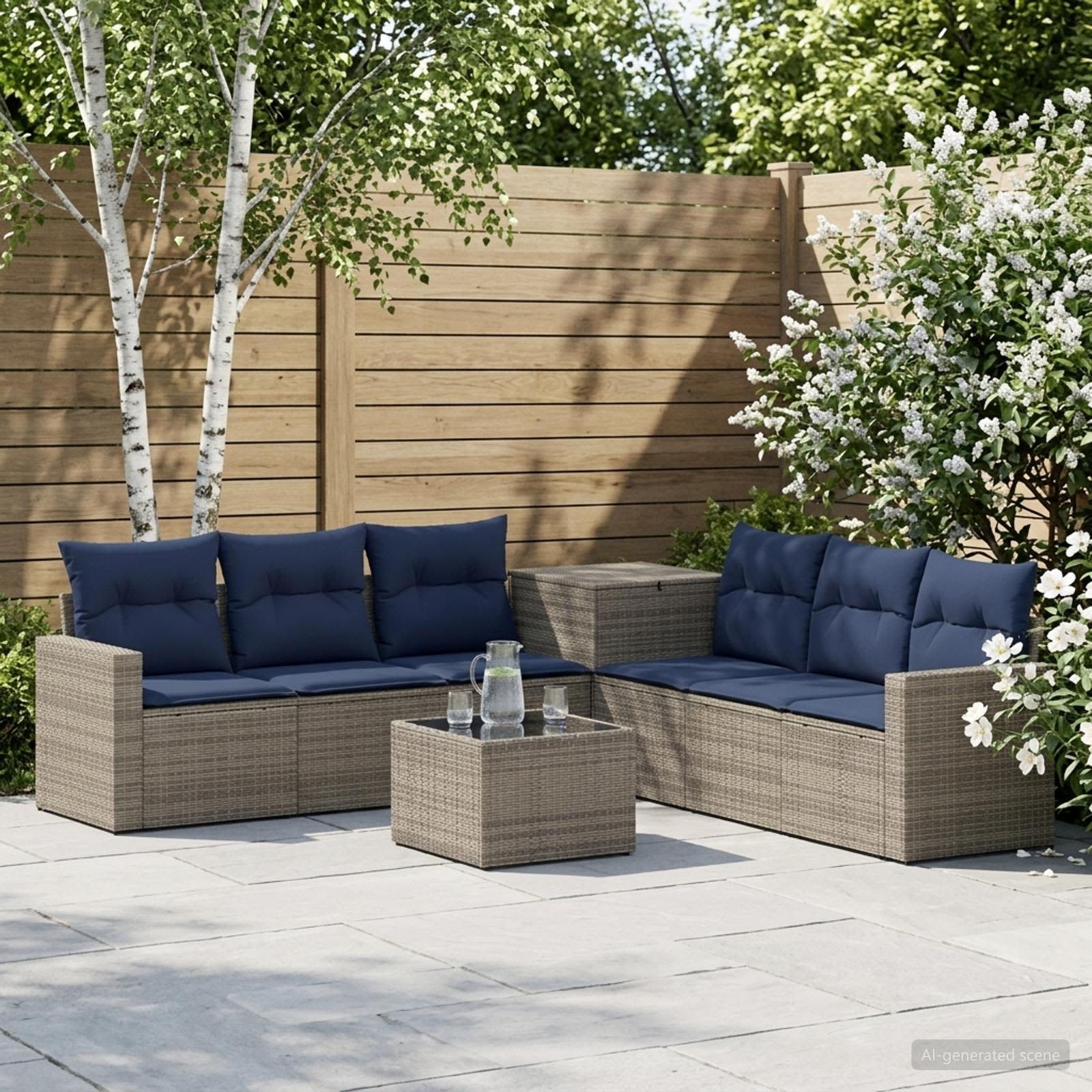 Sofa Set 8 stk. Grau und Marineblau Polyrattan und Stahl