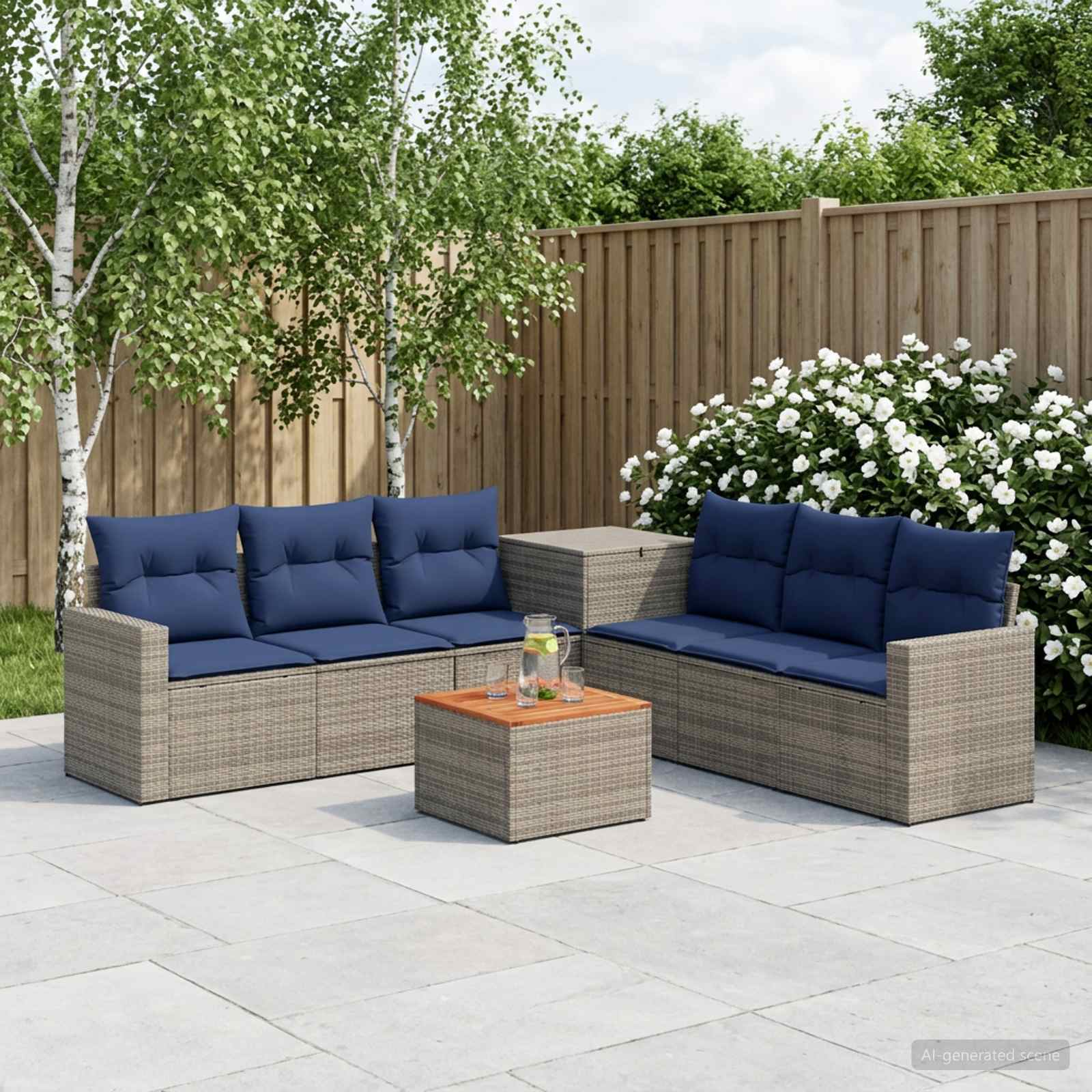 Sofa Set 8 stk. Grau und Marineblau Polyrattan und Stahl
