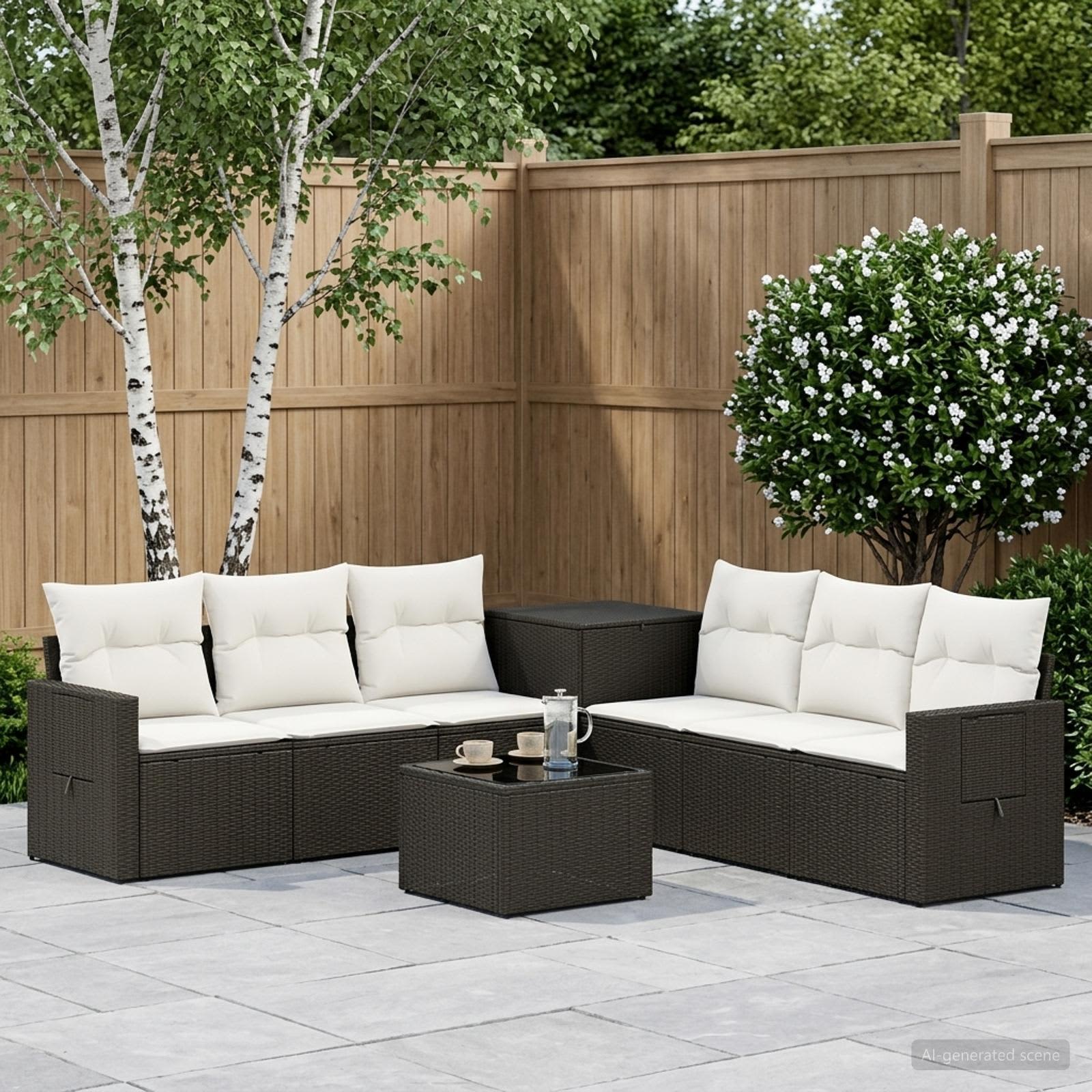 Sofa Set 8 stk. Schwarz und Cremeweiß Polyrattan und Stahl
