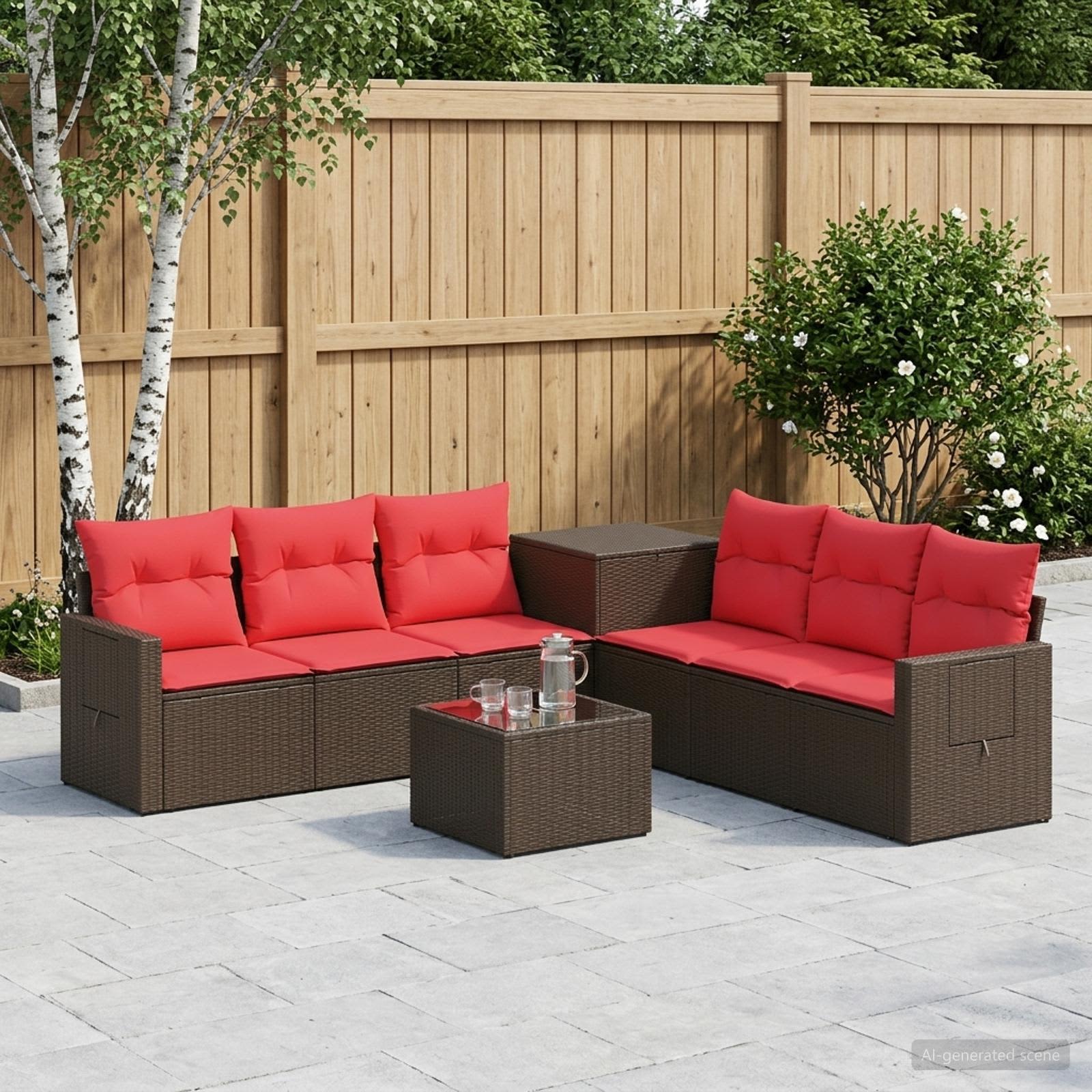 Sofa Set 8 stk. Braun und Rot Polyrattan und Stahl