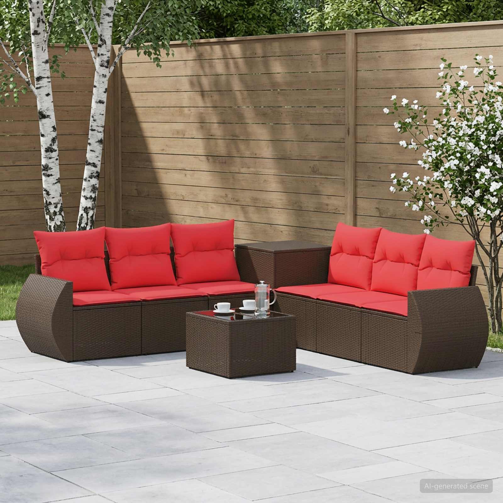 Sofa Set 8 stk. Braun und Rot Polyrattan und Stahl
