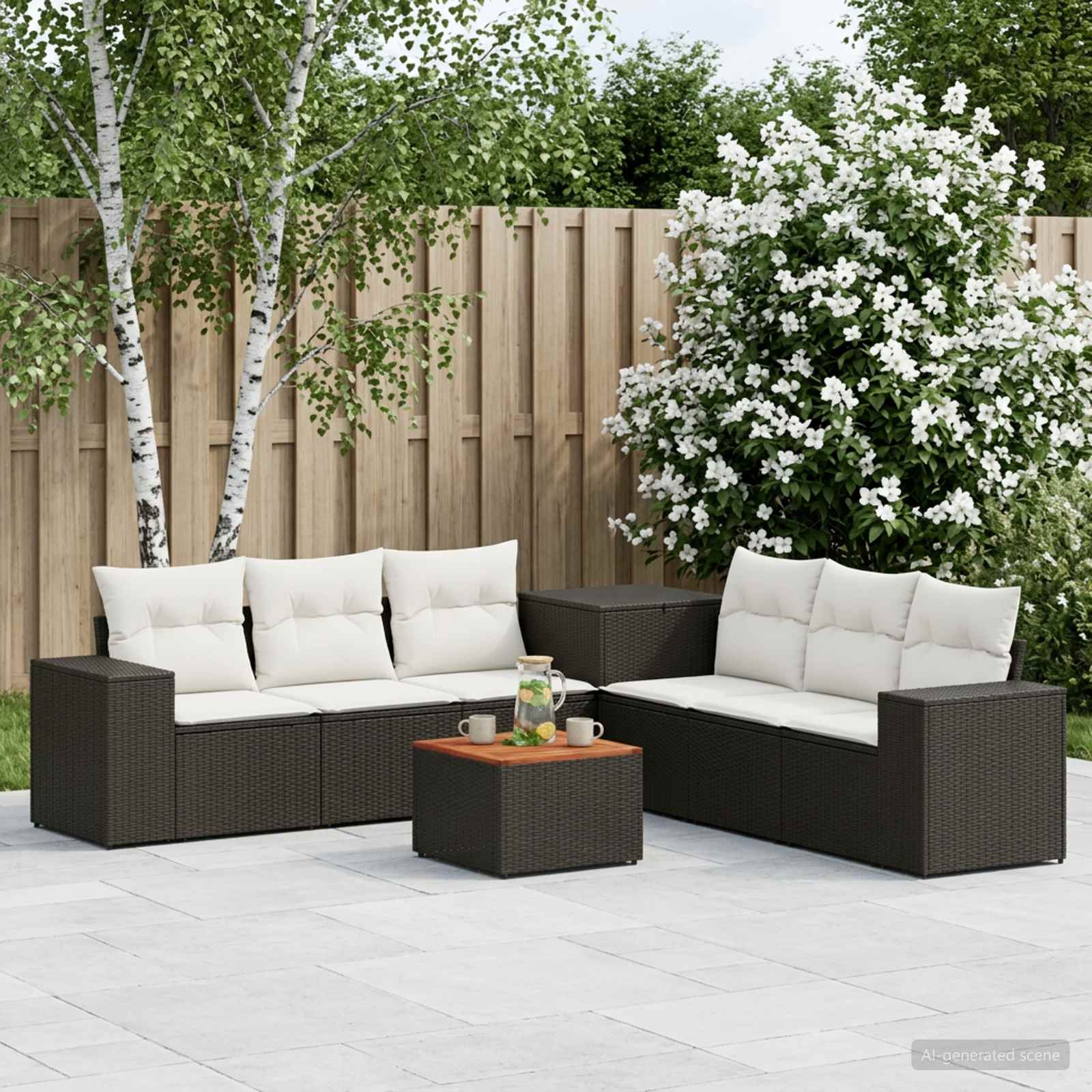 Sofa Set 8 stk. Schwarz und Cremeweiß Polyrattan und Stahl