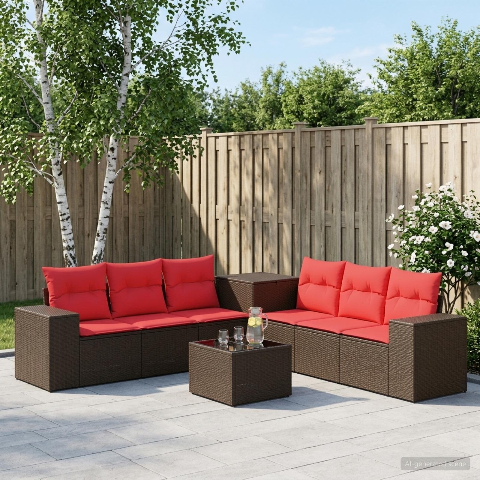 Sofa Set 8 stk. Braun und Rot Polyrattan und Stahl