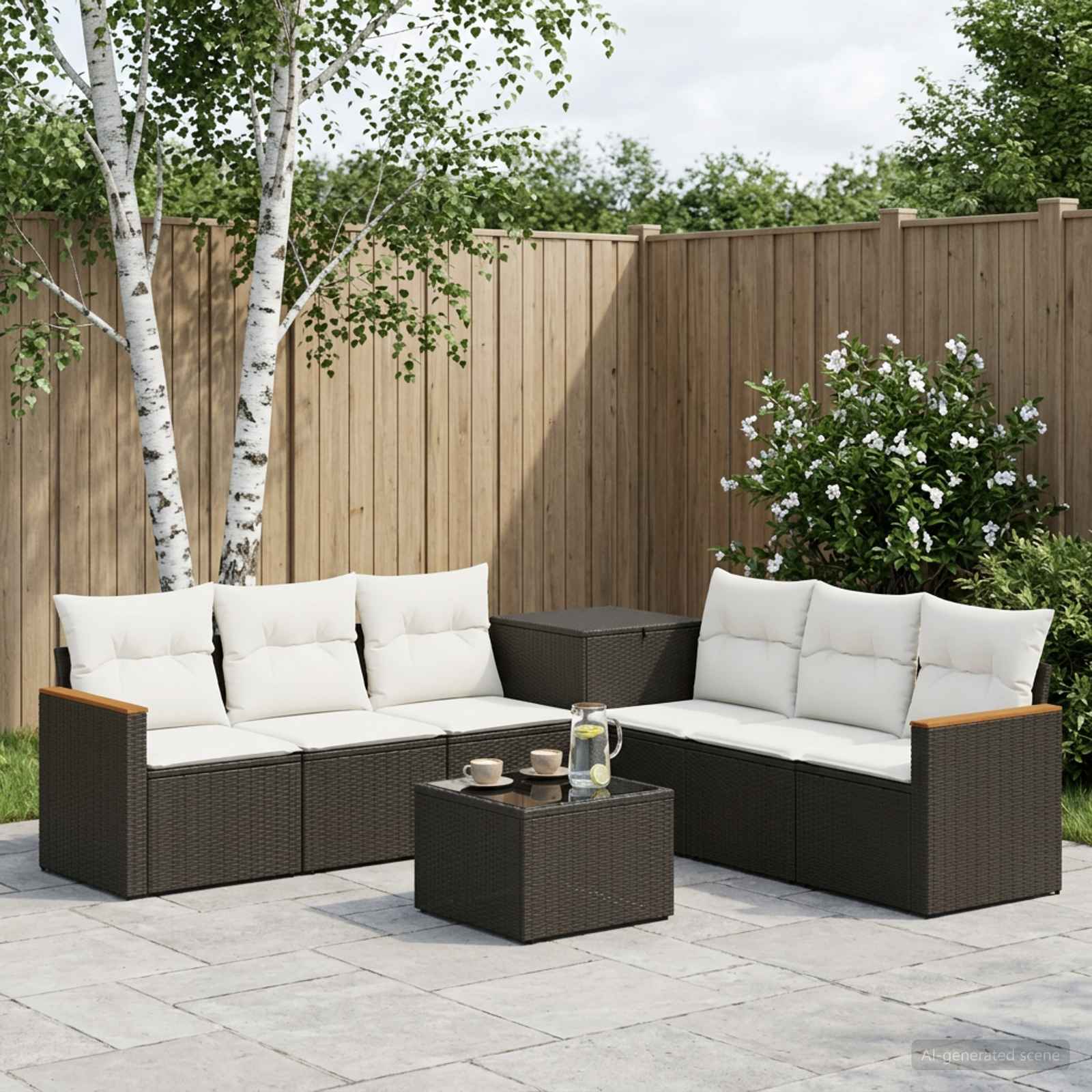 Sofa Set 8 stk. Schwarz und Cremeweiß Polyrattan und Stahl