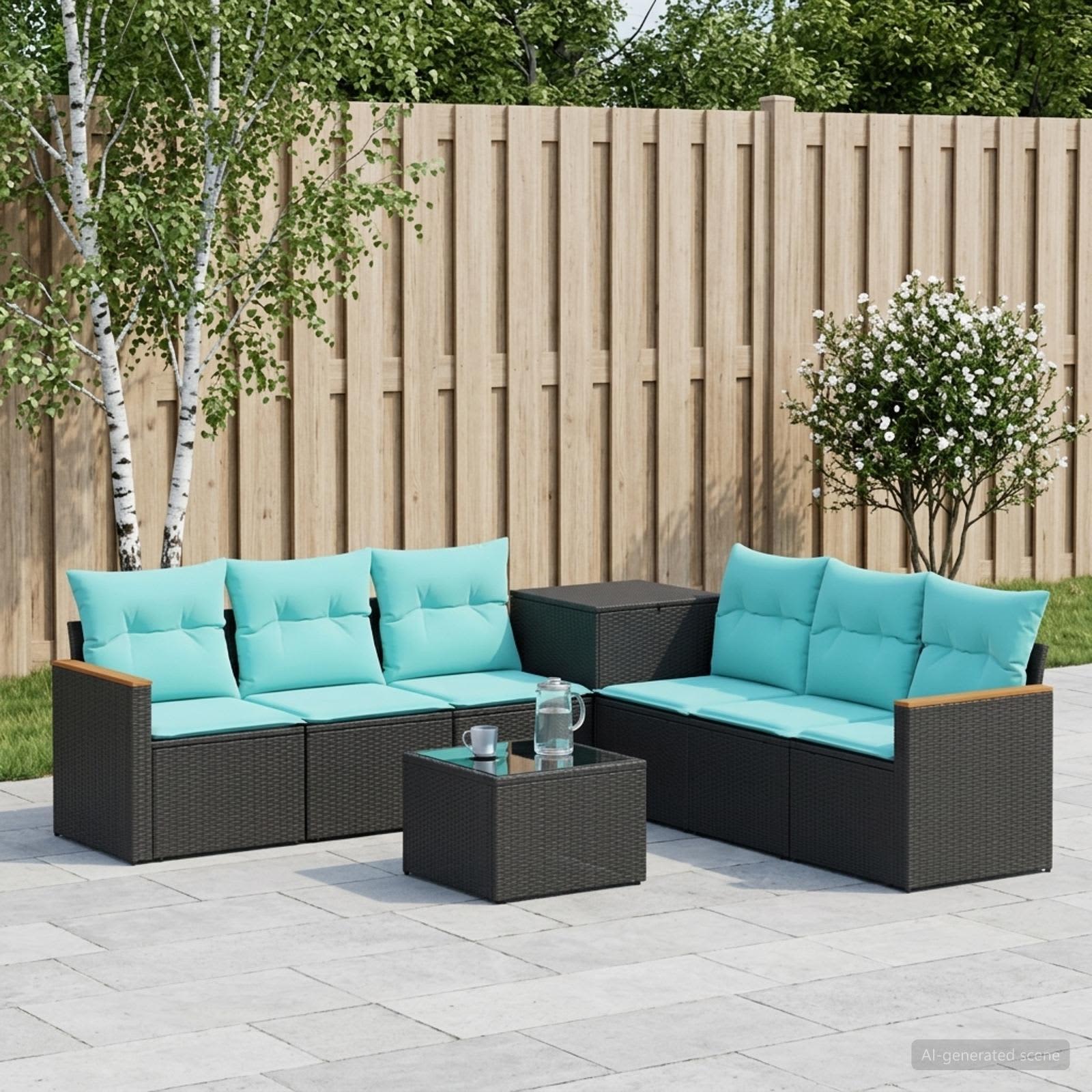Sofa Set 8 stk. Schwarz und Blau Polyrattan und Stahl