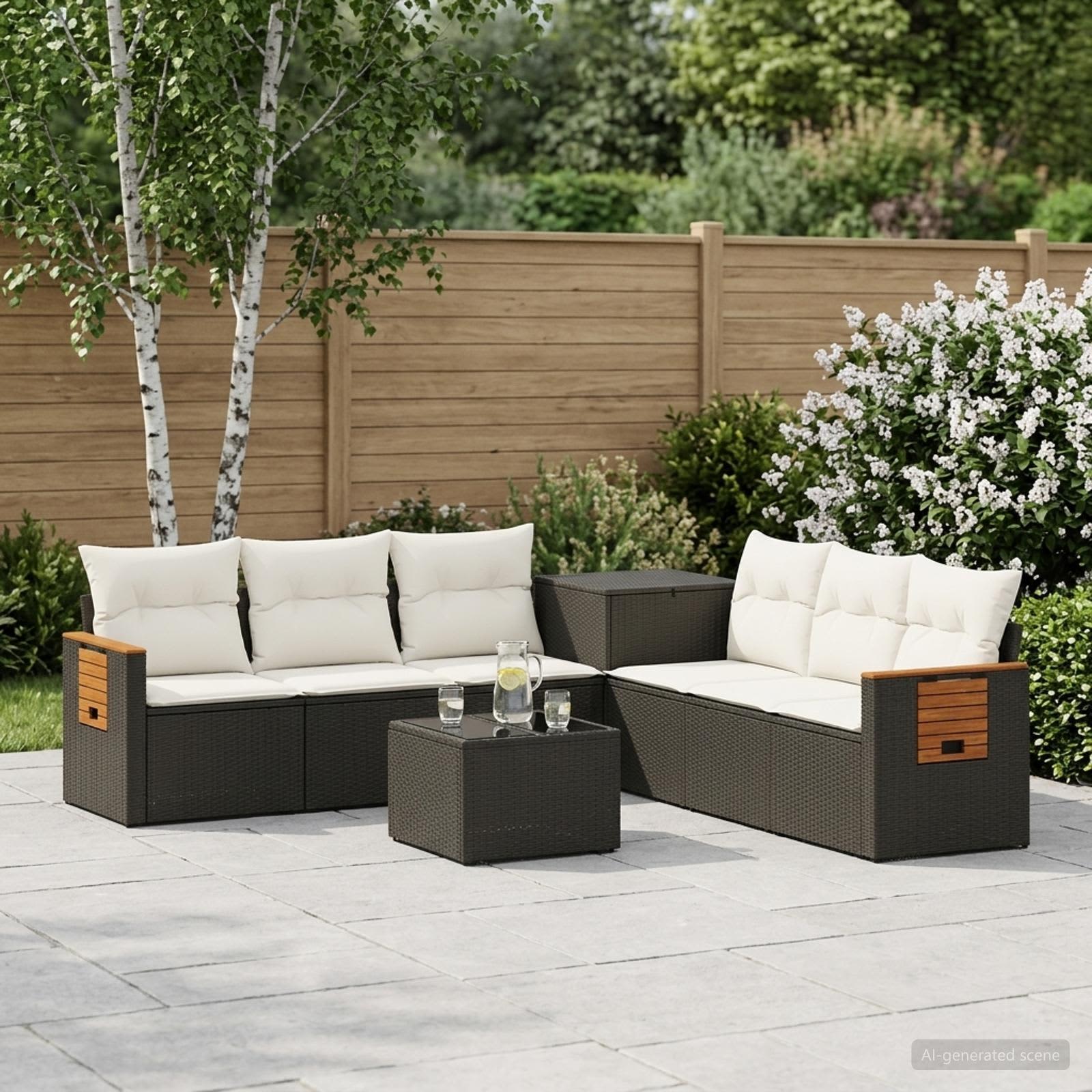 Sofa Set 8 stk. Schwarz und Cremeweiß Polyrattan und Stahl