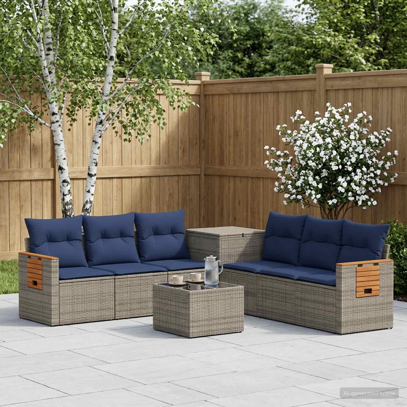 Sofa Set 8 stk. Grau und Marineblau Polyrattan und Stahl