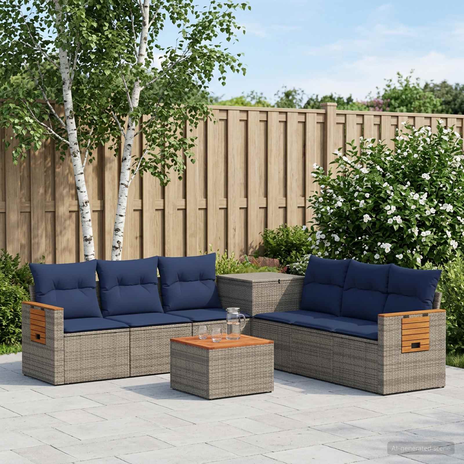 Sofa Set 8 stk. Grau und Marineblau Polyrattan und Stahl