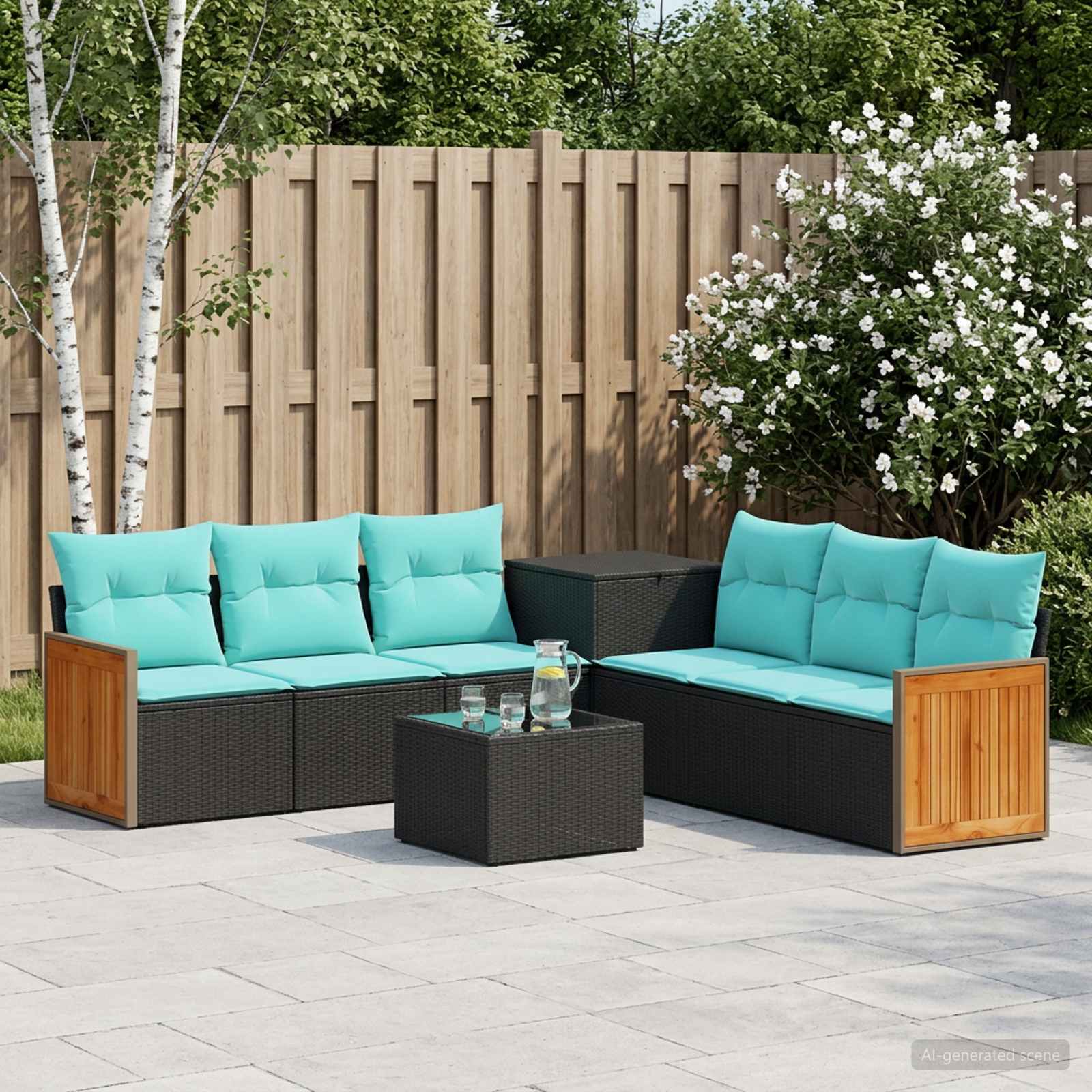 Sofa Set 8 stk. Schwarz und Blau Polyrattan und Stahl