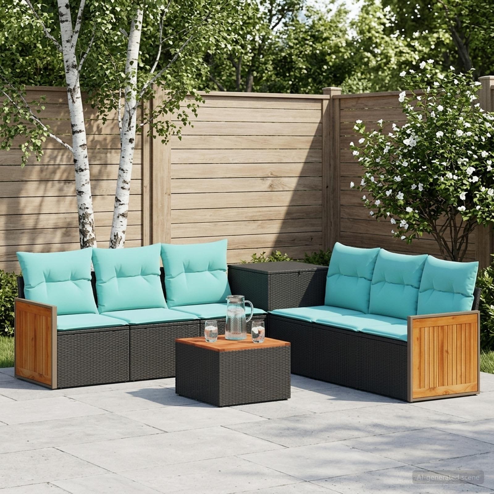 Sofa Set 8 stk. Schwarz und Blau Polyrattan und Stahl