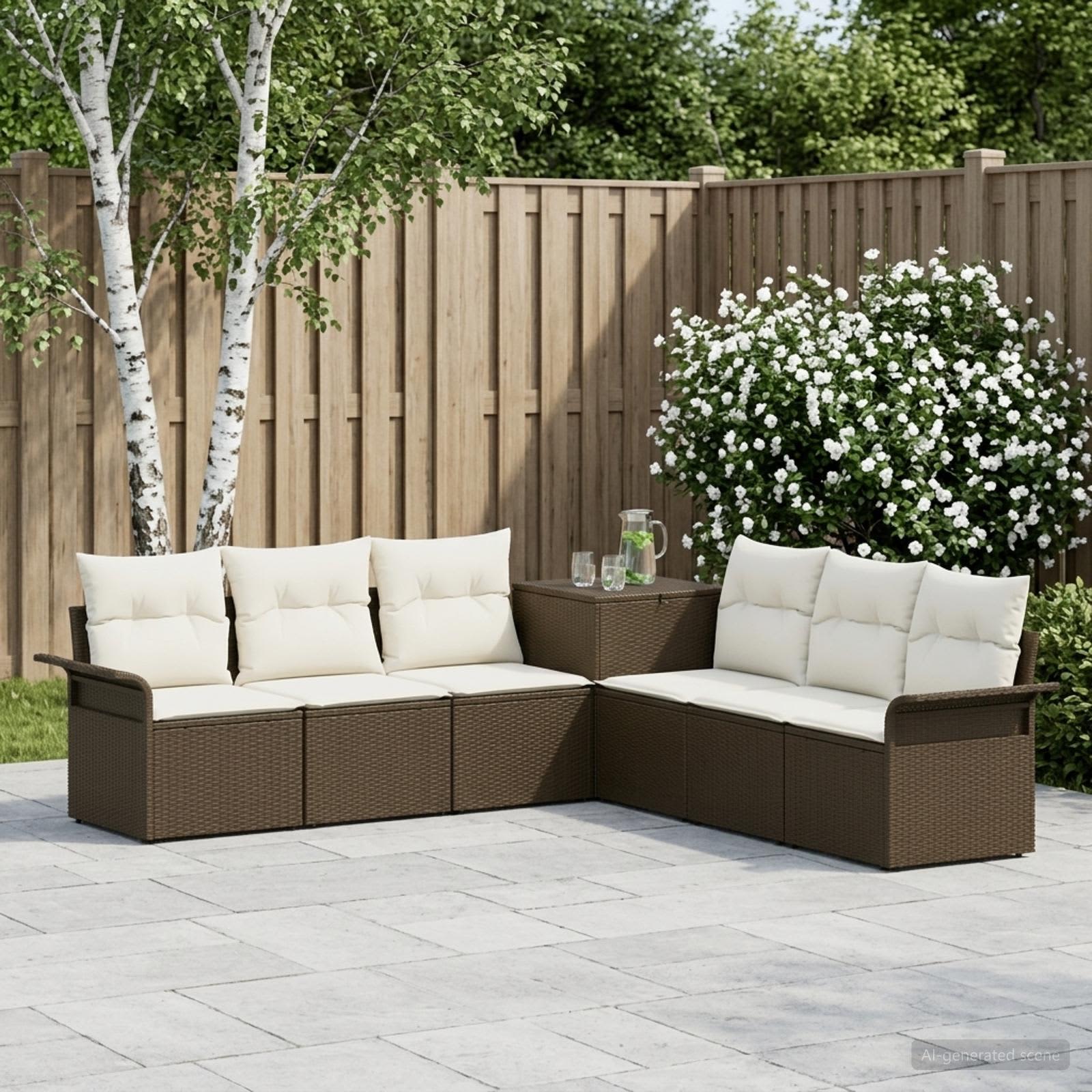 Sofa Set 7 stk. Braun und Creme Weiß Polyrattan und Stahl
