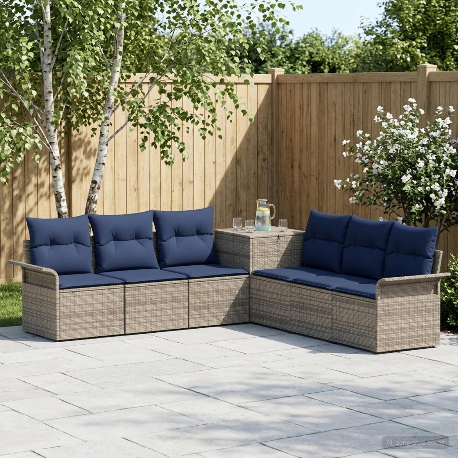 Sofa Set 7 stk. Grau und Marineblau Polyrattan und Stahl