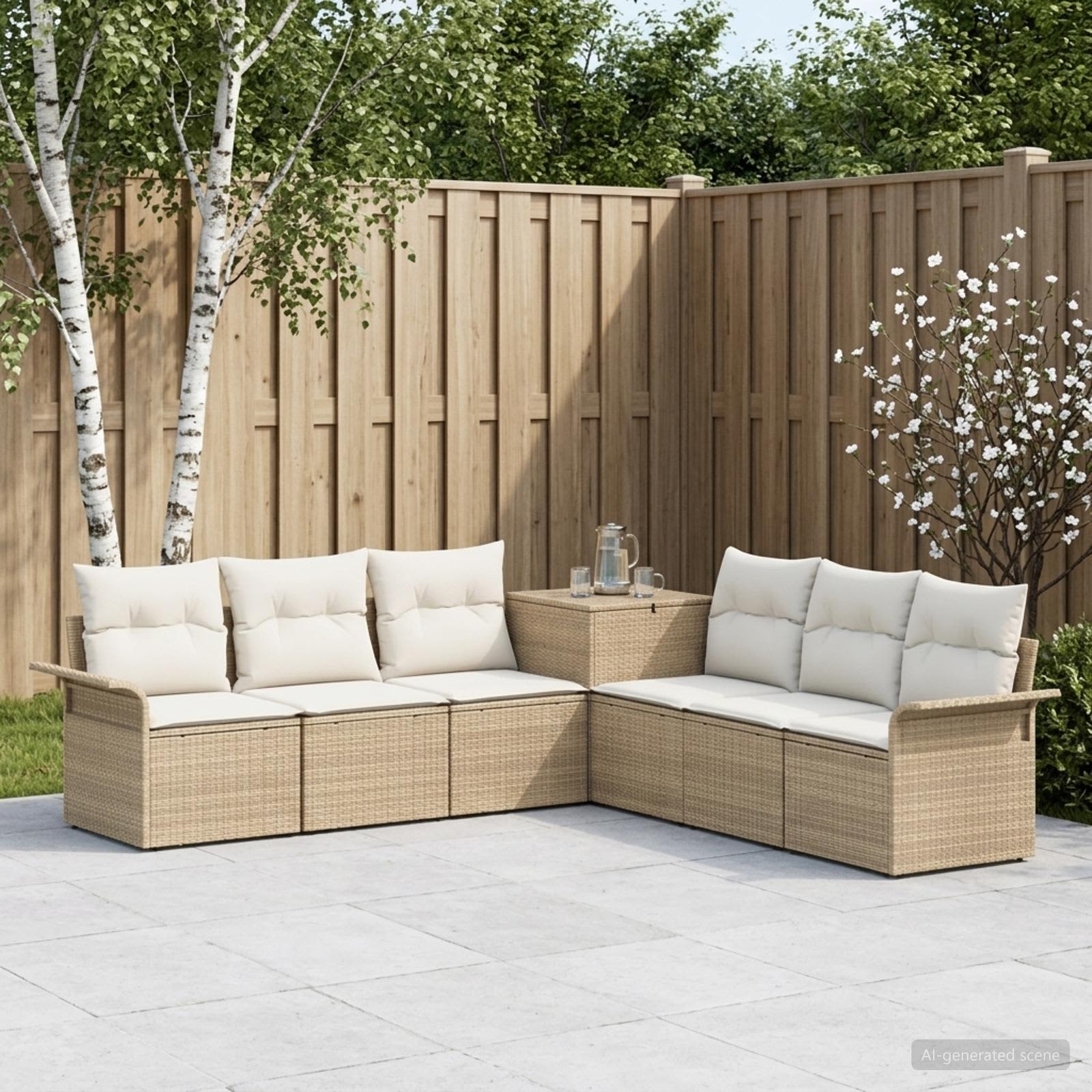 Sofa Set 7 stk. Beige und Cremeweiß Polyrattan und Stahl