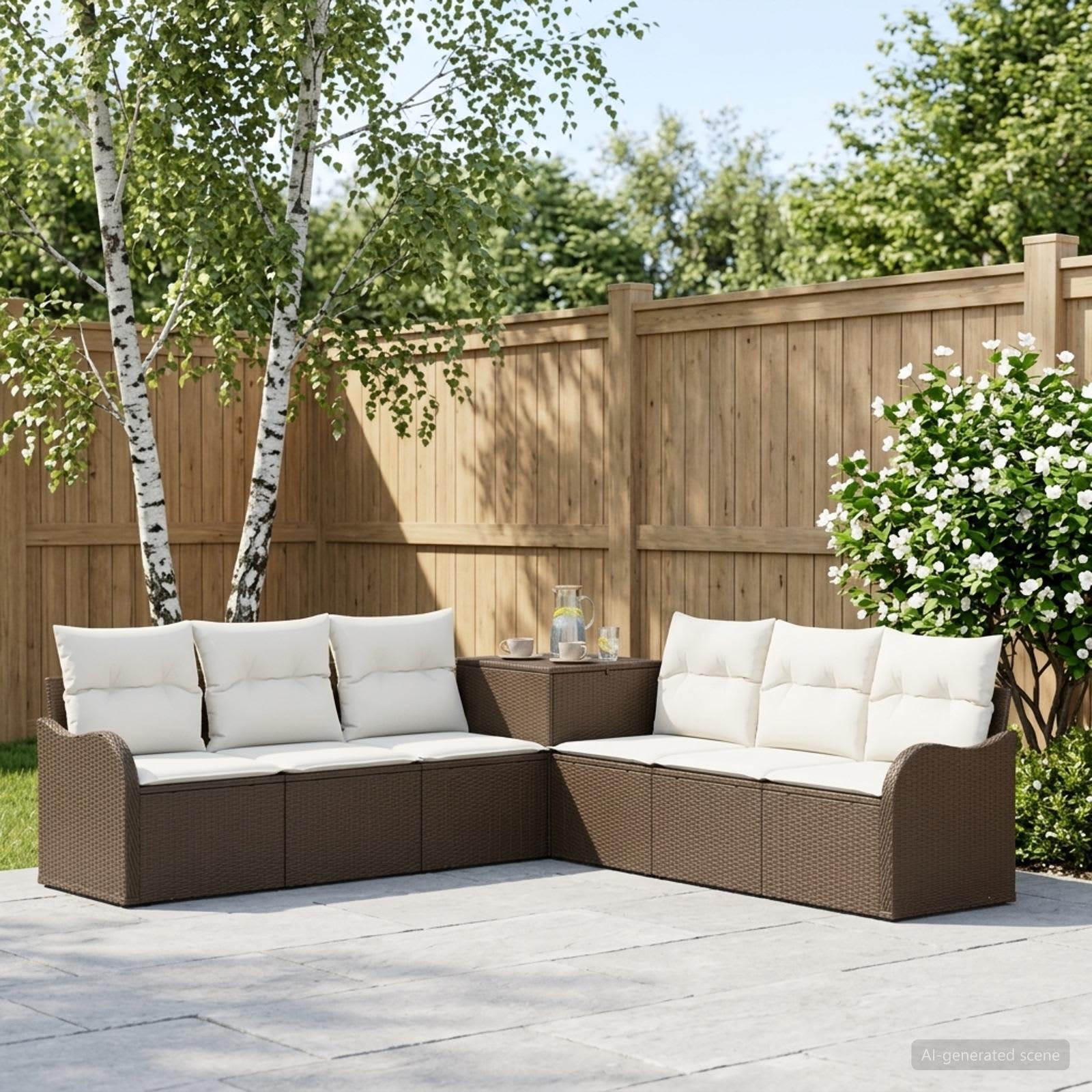 Sofa Set 7 stk. Braun und Creme Weiß Polyrattan und Stahl