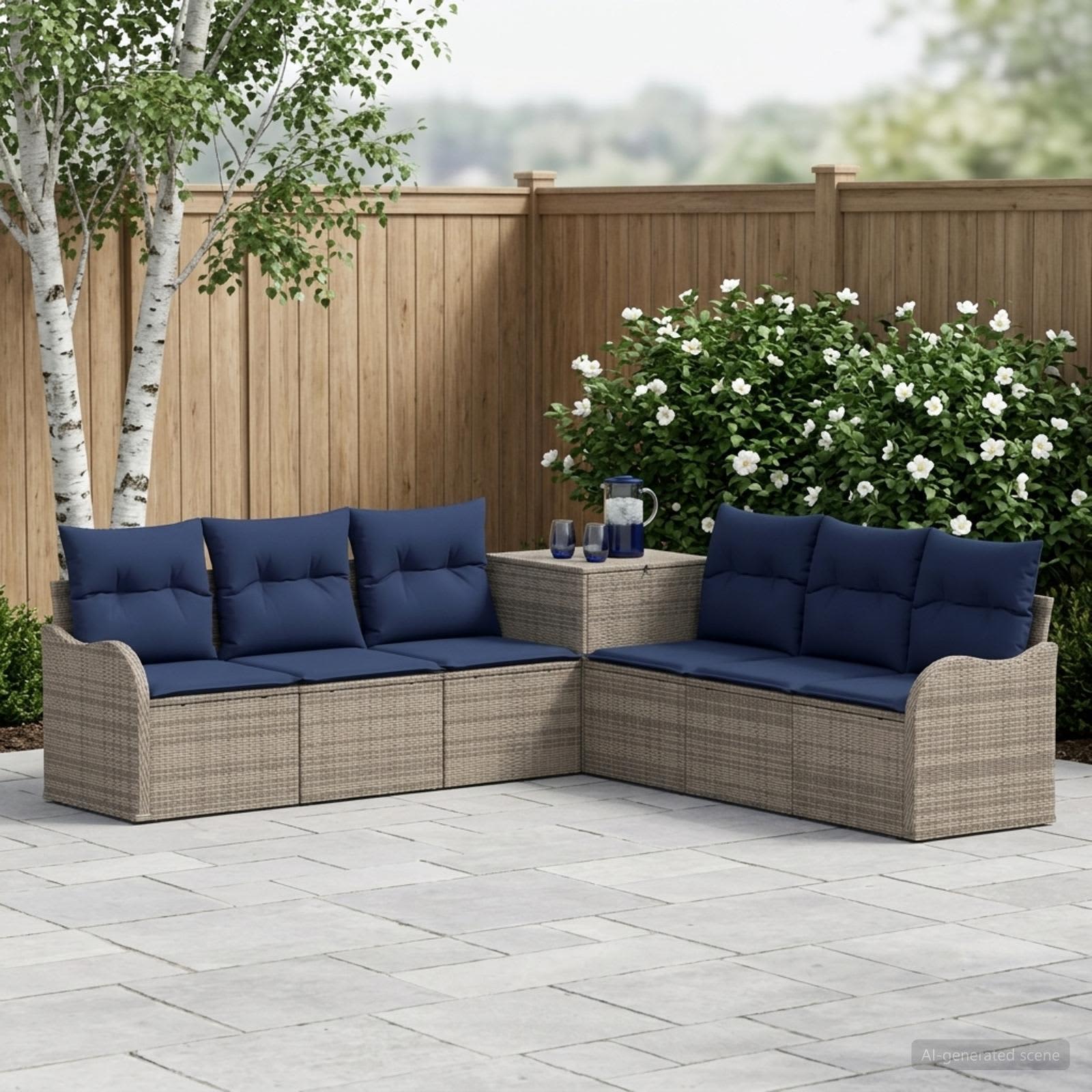 Sofa Set 7 stk. Grau und Marineblau Polyrattan und Stahl