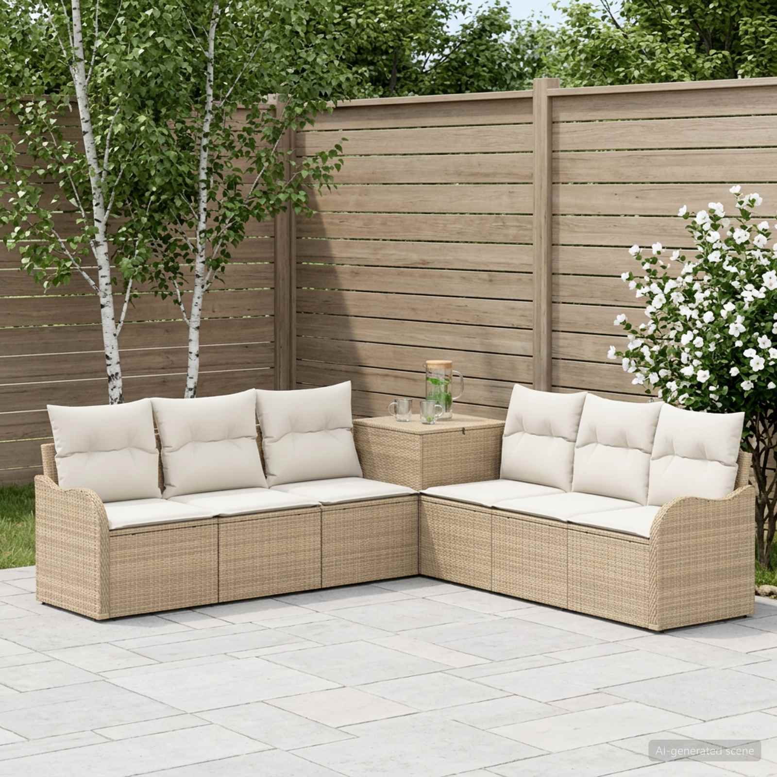 Sofa Set 7 stk. Beige und Cremeweiß Polyrattan und Stahl
