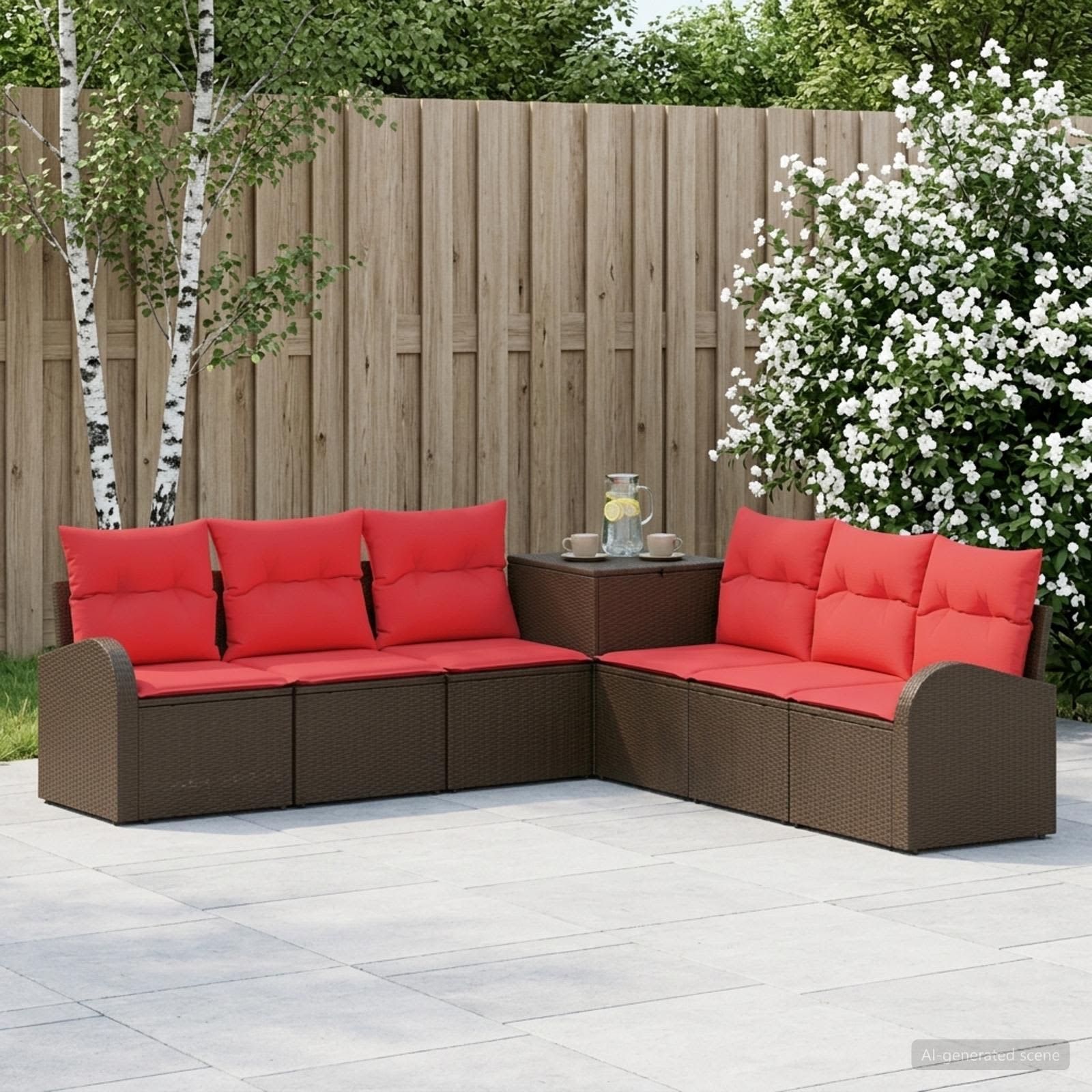 Sofa Set 7 stk. Braun und Rot Polyrattan und Stahl