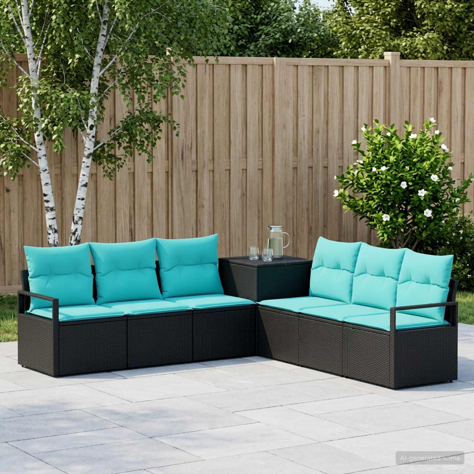 Sofa Set 7 stk. Schwarz und Blau Polyrattan und Stahl