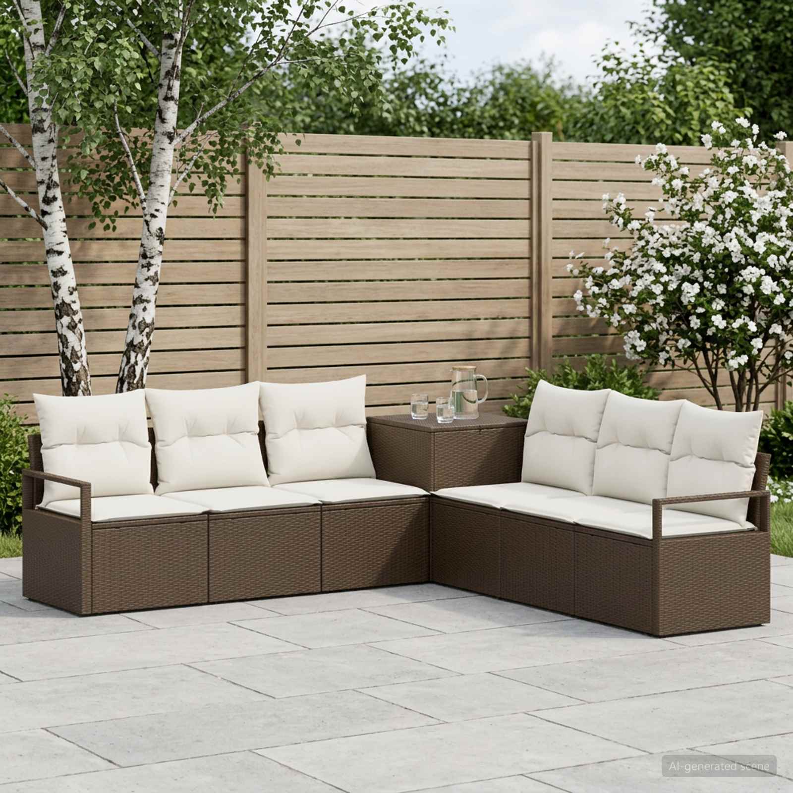 Sofa Set 7 stk. Braun und Creme Weiß Polyrattan und Stahl