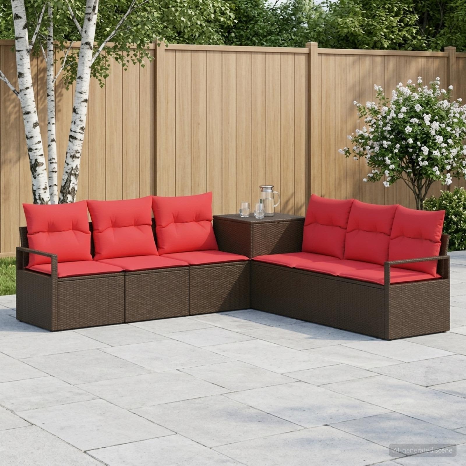 Sofa Set 7 stk. Braun und Rot Polyrattan und Stahl