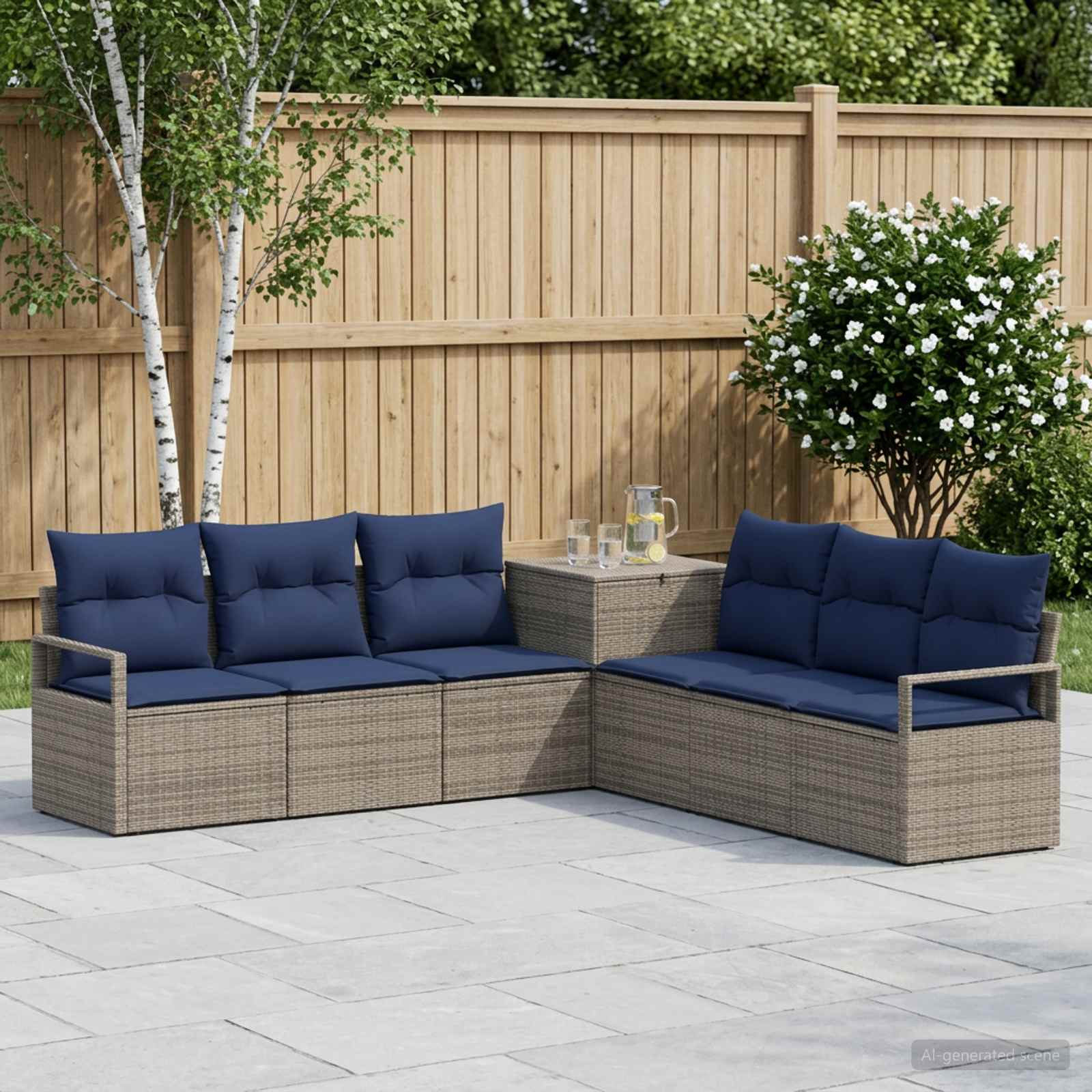 Sofa Set 7 stk. Grau und Marineblau Polyrattan und Stahl