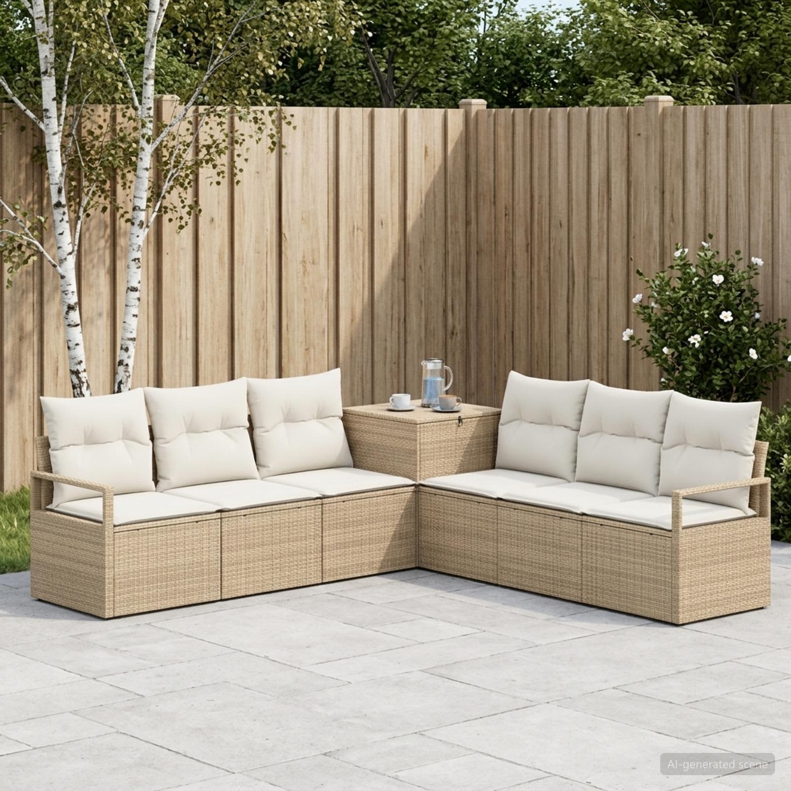 Sofa Set 7 stk. Beige und Cremeweiß Polyrattan und Stahl