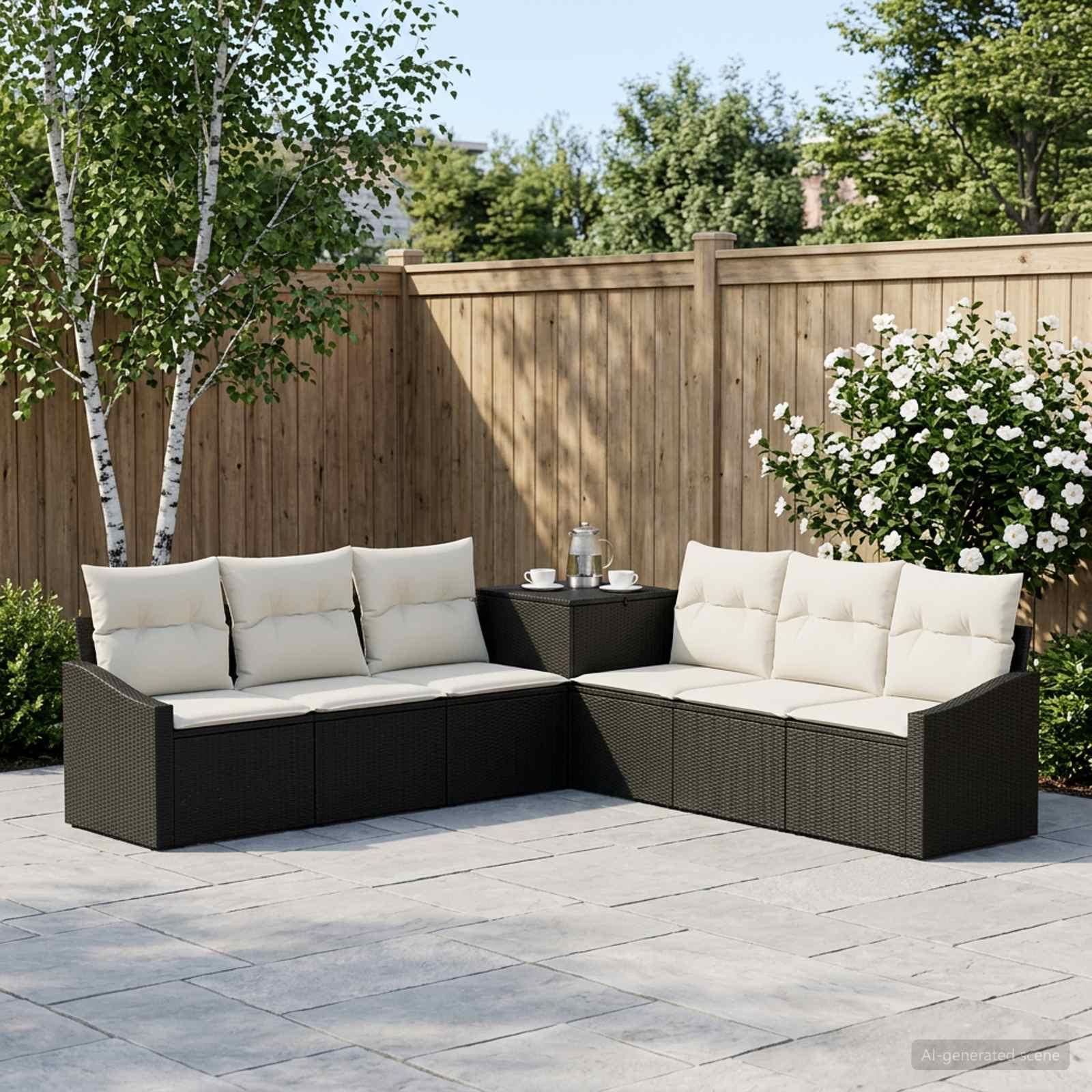 Sofa Set 7 stk. Schwarz und Cremeweiß Polyrattan und Stahl