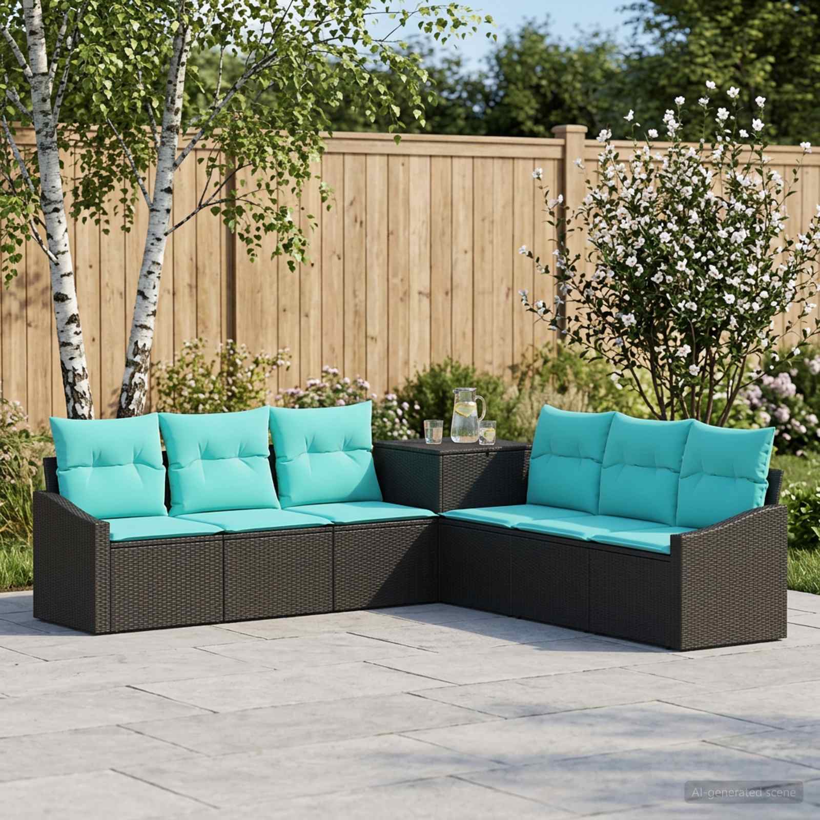Sofa Set 7 stk. Schwarz und Blau Polyrattan und Stahl