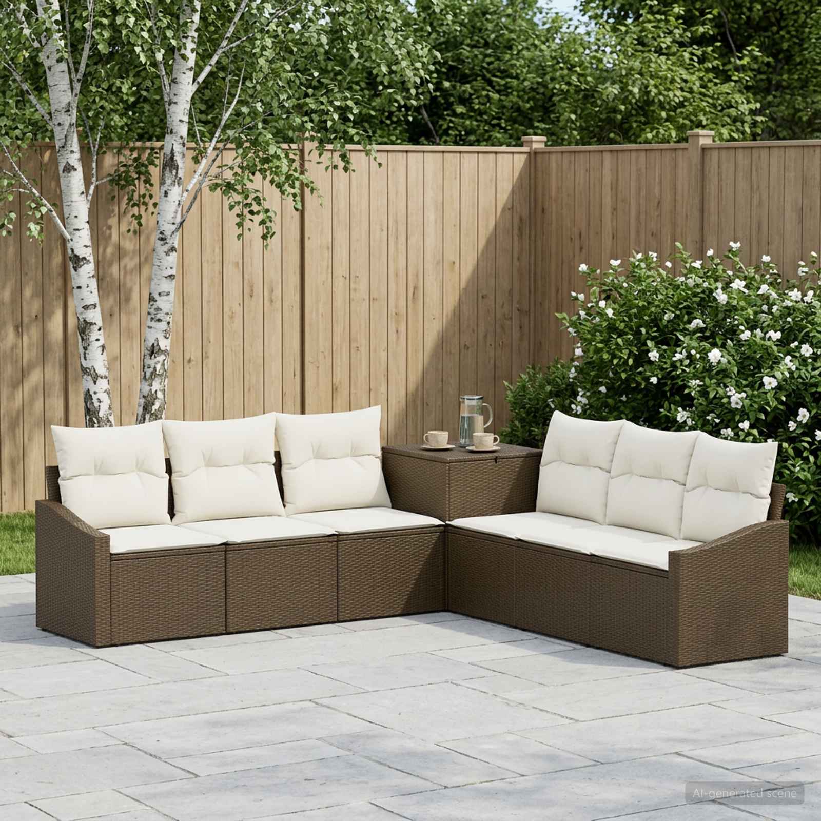 Sofa Set 7 stk. Braun und Creme Weiß Polyrattan und Stahl