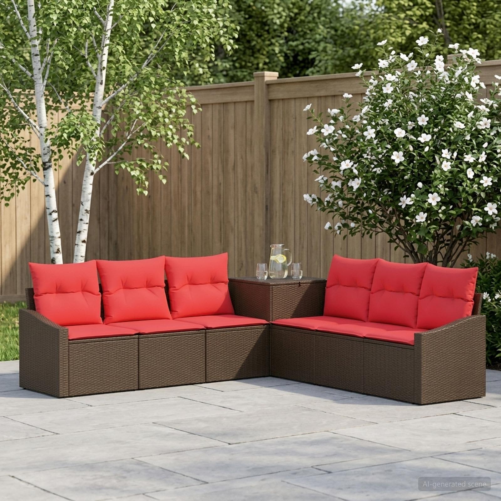 Sofa Set 7 stk. Braun und Rot Polyrattan und Stahl