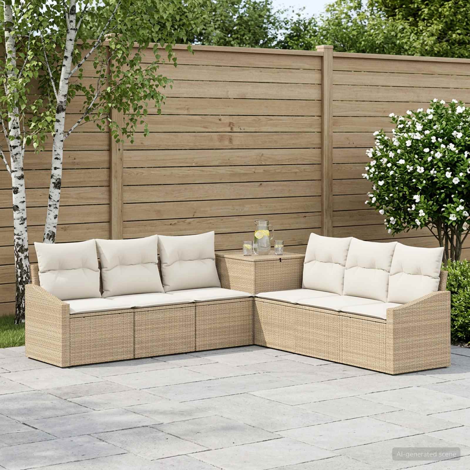 Sofa Set 7 stk. Beige und Cremeweiß Polyrattan und Stahl