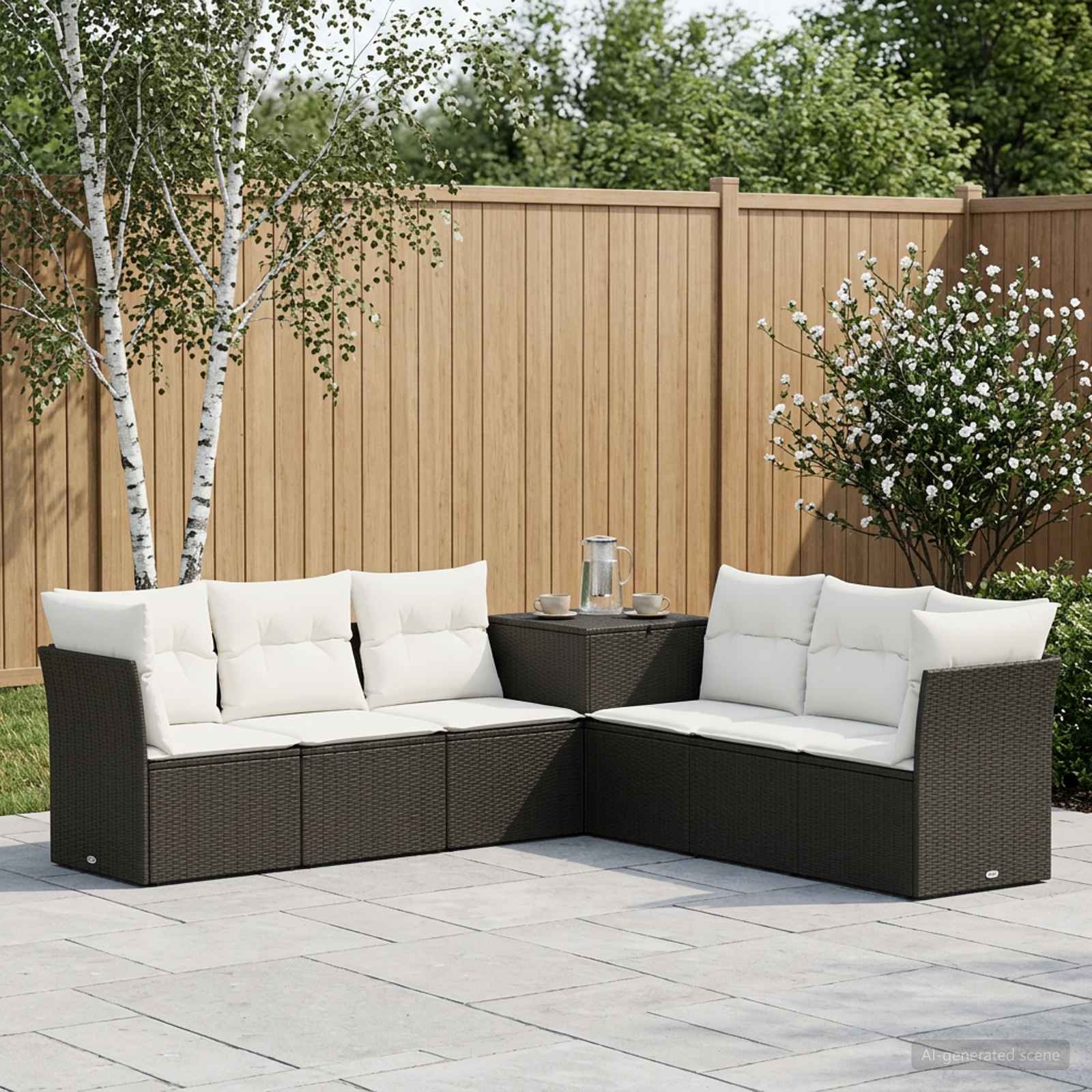 Sofa Set 7 stk. Schwarz und Cremeweiß Polyrattan und Stahl
