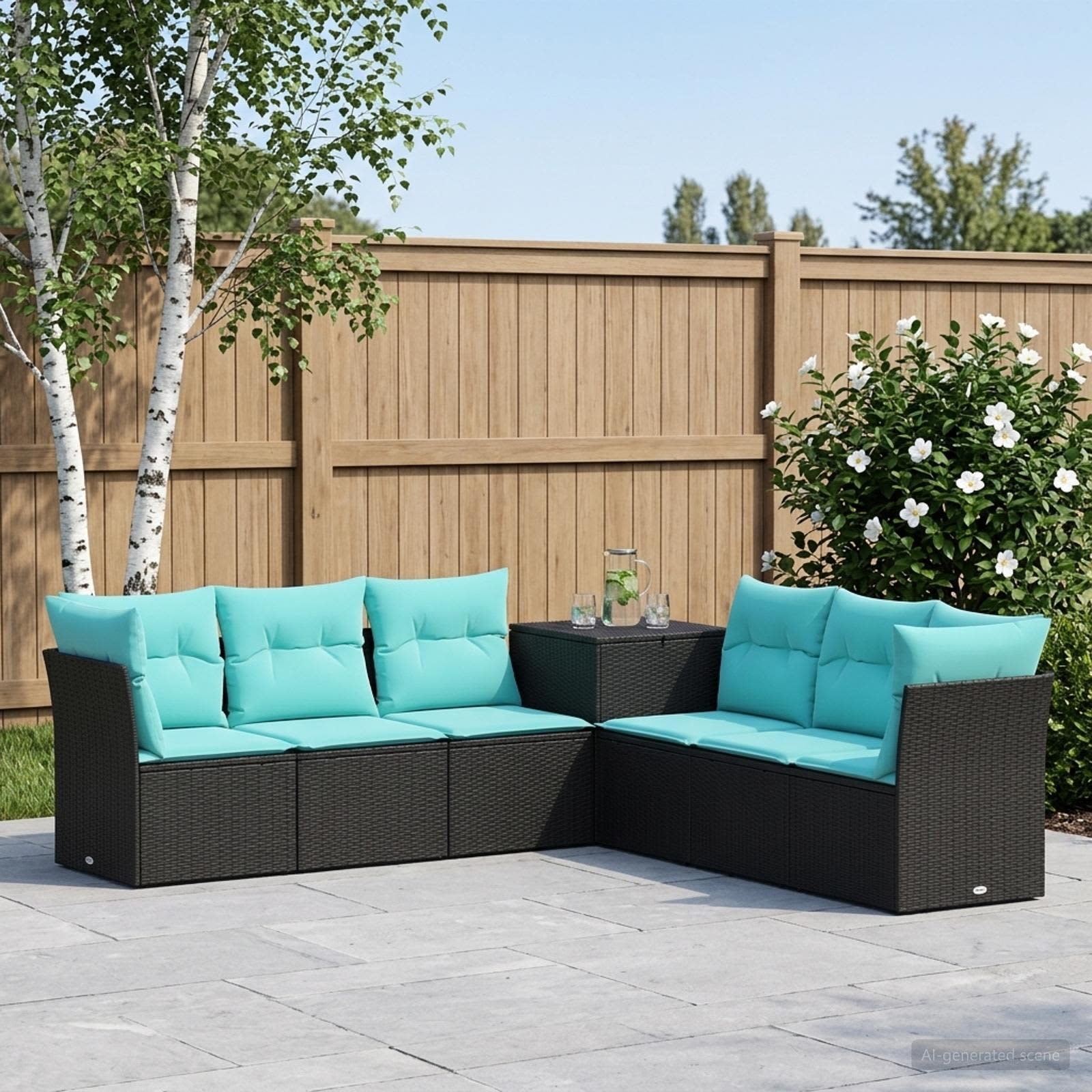 Sofa Set 7 stk. Schwarz und Blau Polyrattan und Stahl