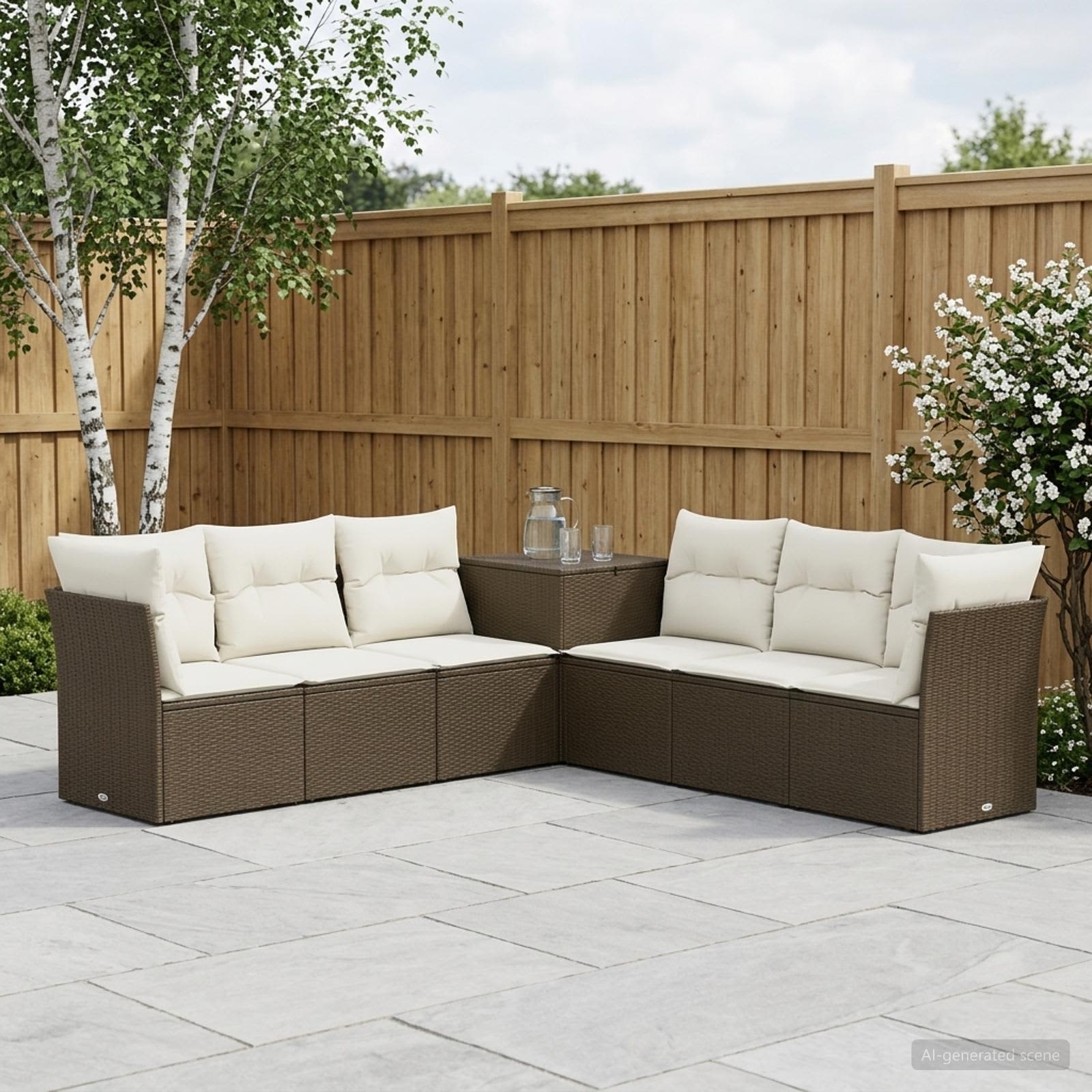Sofa Set 7 stk. Braun und Creme Weiß Polyrattan und Stahl