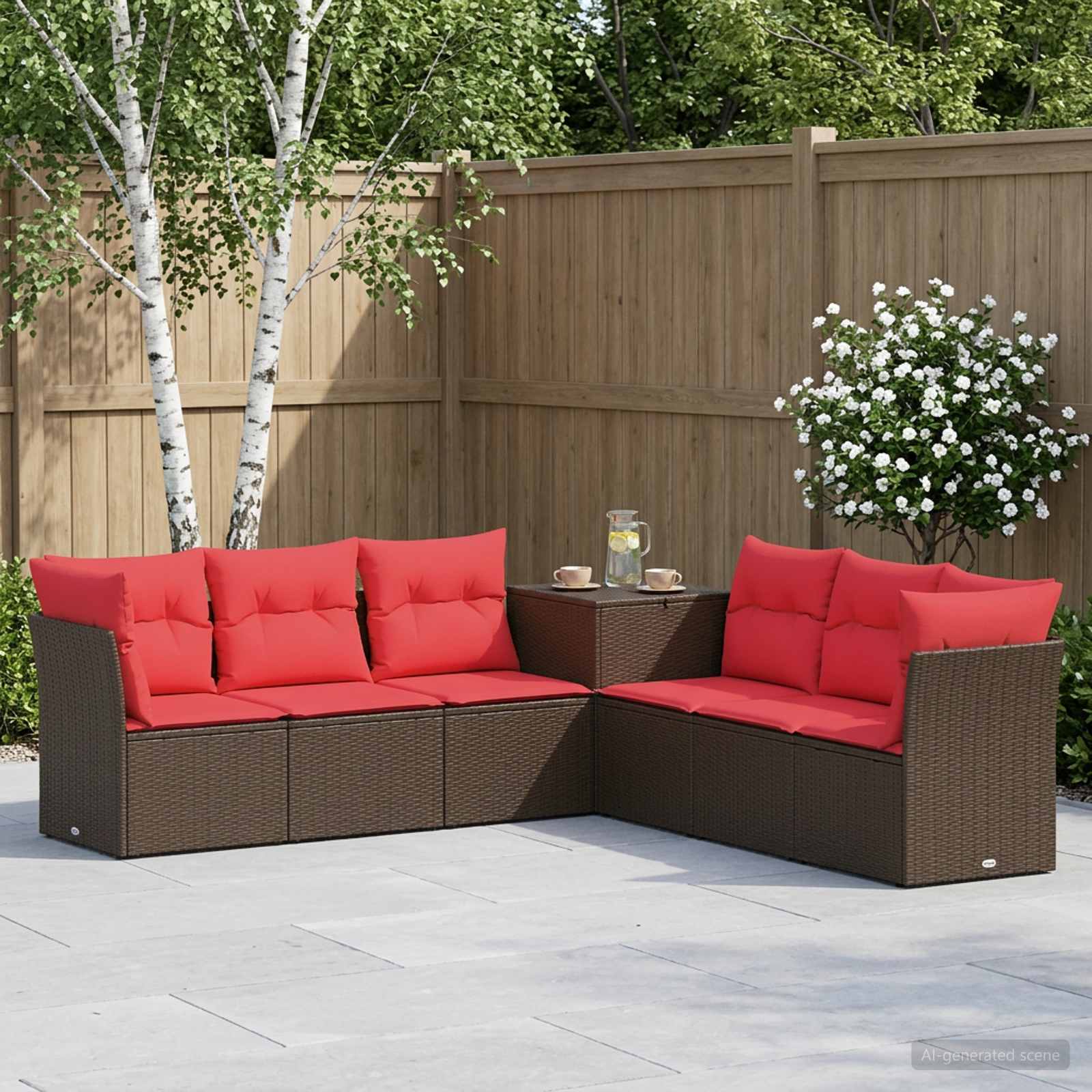 Sofa Set 7 stk. Braun und Rot Polyrattan und Stahl