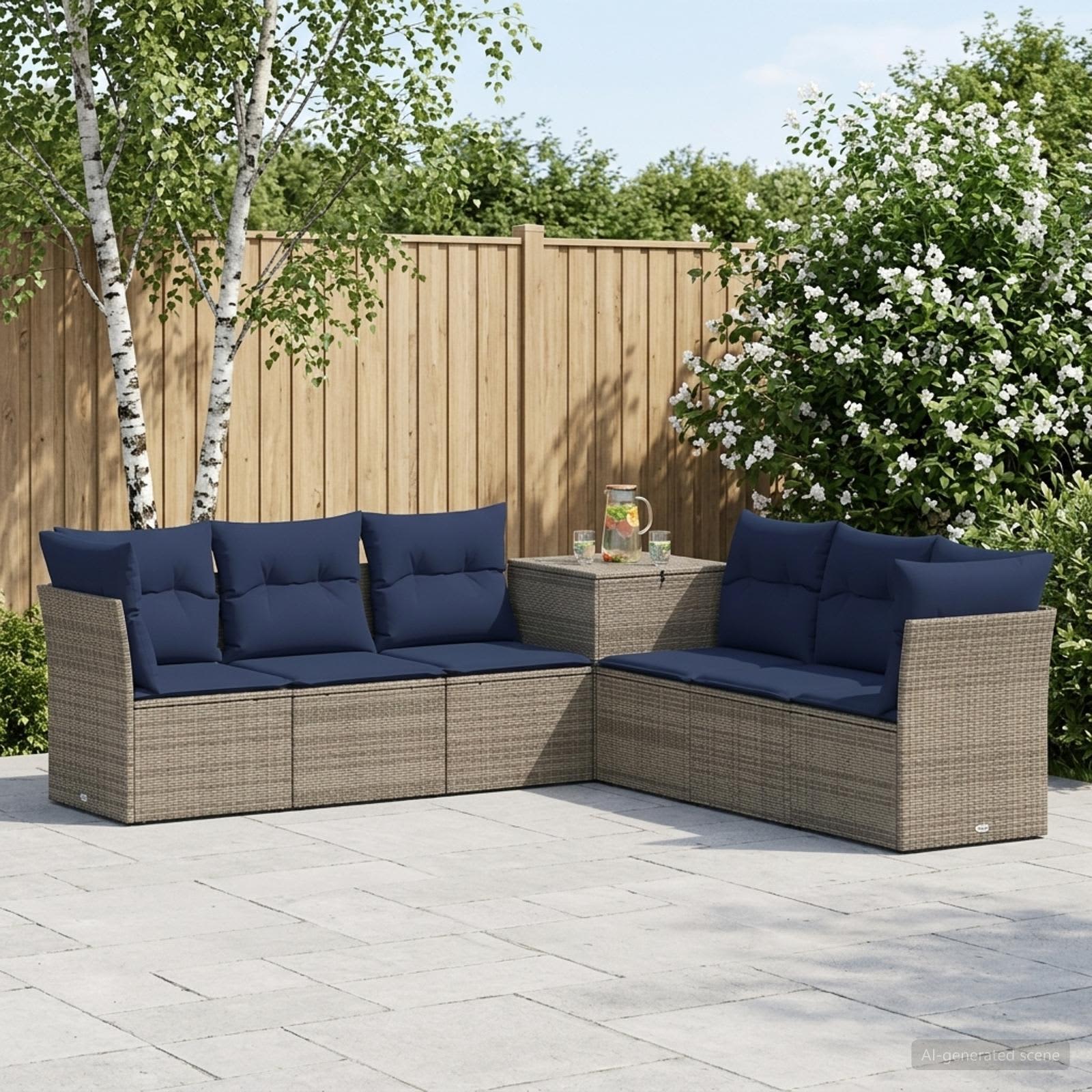 Sofa Set 7 stk. Grau und Marineblau Polyrattan und Stahl