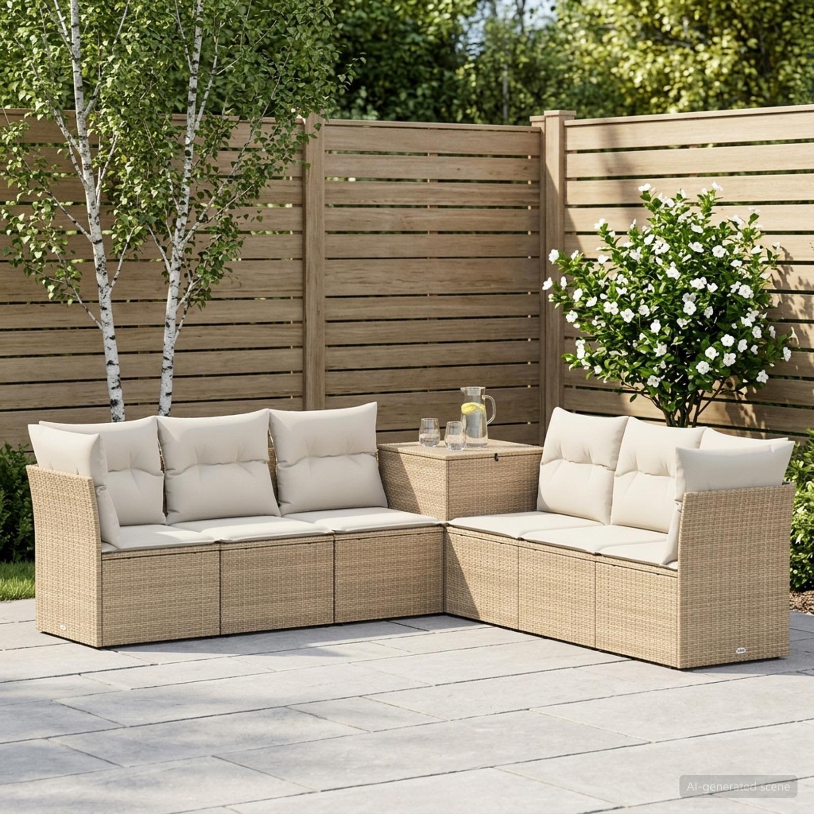 Sofa Set 7 stk. Beige und Cremeweiß Polyrattan und Stahl