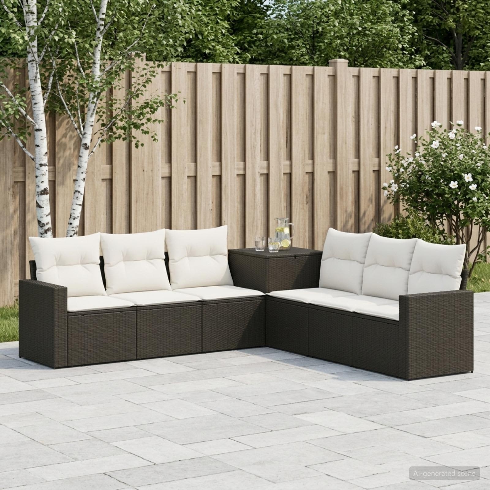 Sofa Set 7 stk. Schwarz und Cremeweiß Polyrattan und Stahl
