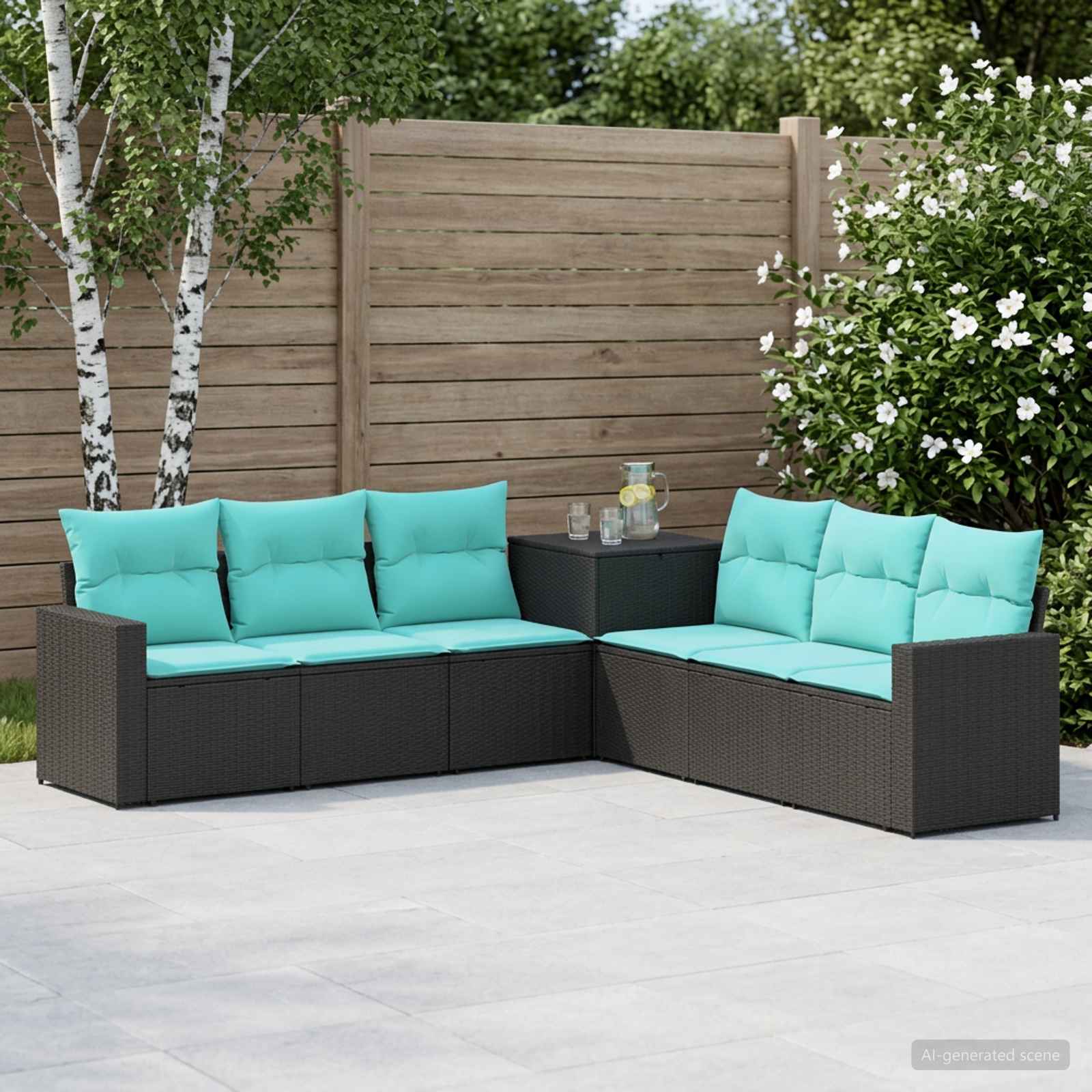 Sofa Set 7 stk. Schwarz und Blau Polyrattan und Stahl
