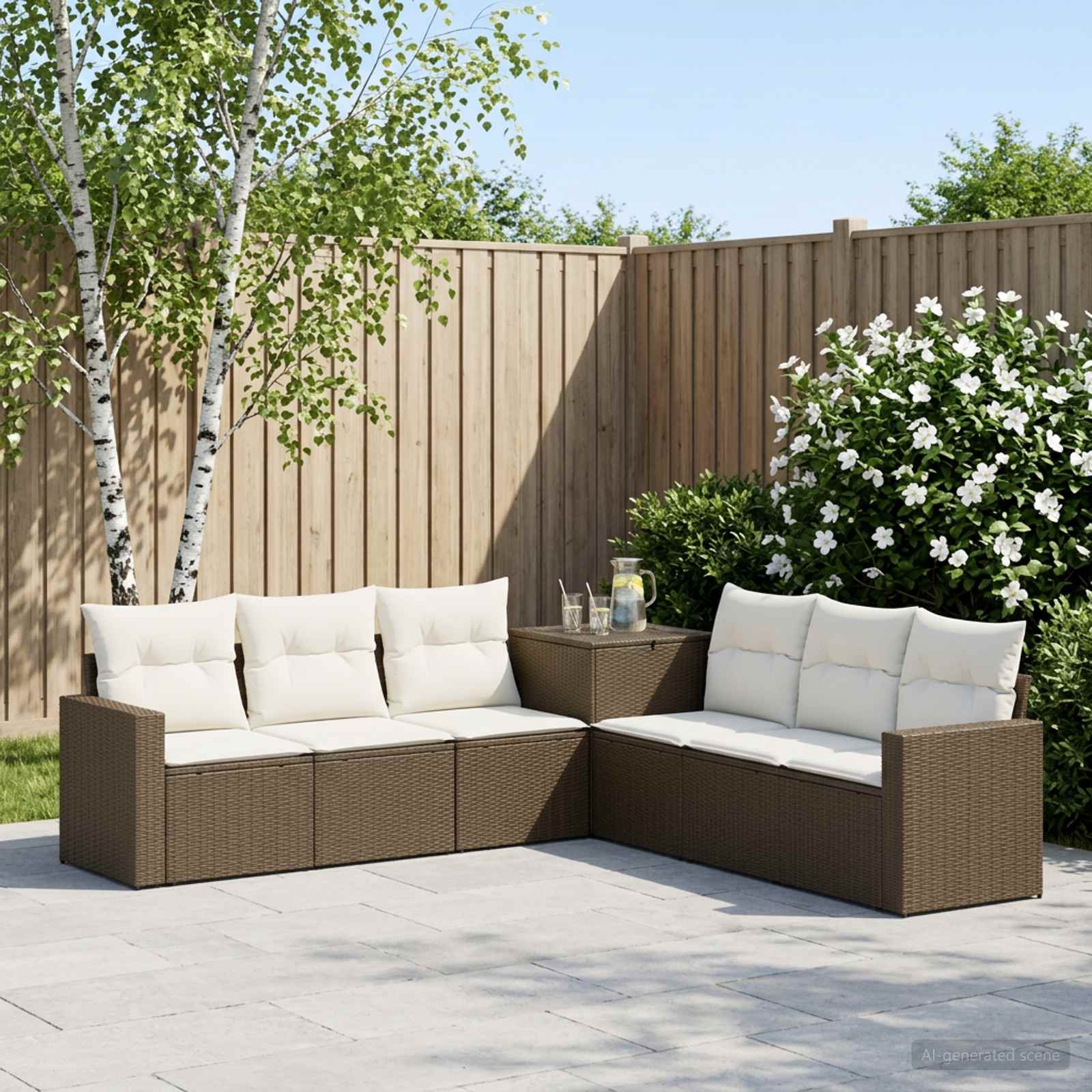 Sofa Set 7 stk. Braun und Creme Weiß Polyrattan und Stahl