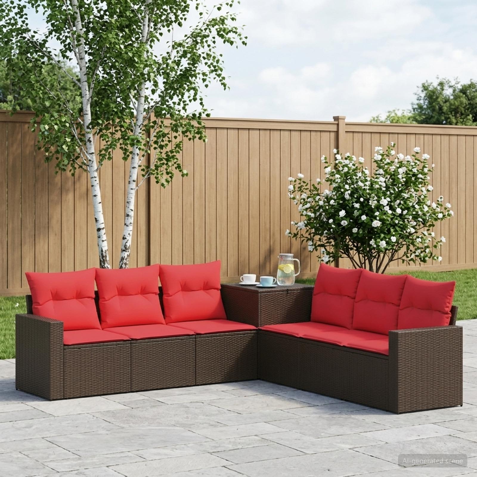 Sofa Set 7 stk. Braun und Rot Polyrattan und Stahl